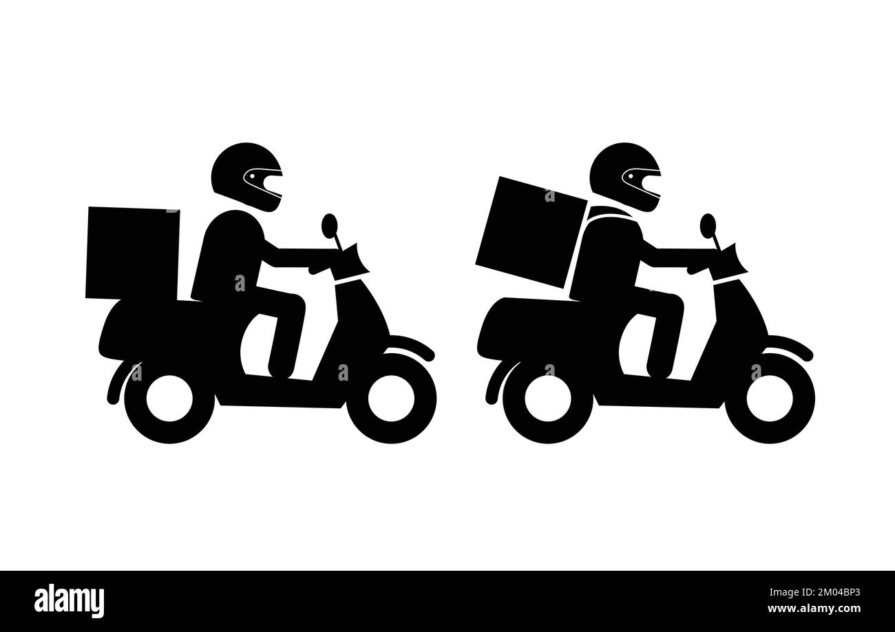 Fahrer auf motorisiertem Roller setzt Vektorsymbol. Mann mit Helm auf Motorrad. Symbol für Fast Food Delivery Service. Stock Vektor