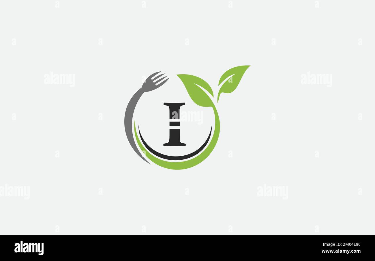 Grünes Blatt Natur mit Löffel und gesundes Logo Design Vektorlöffel Gabel und Blatt Stock Vektor