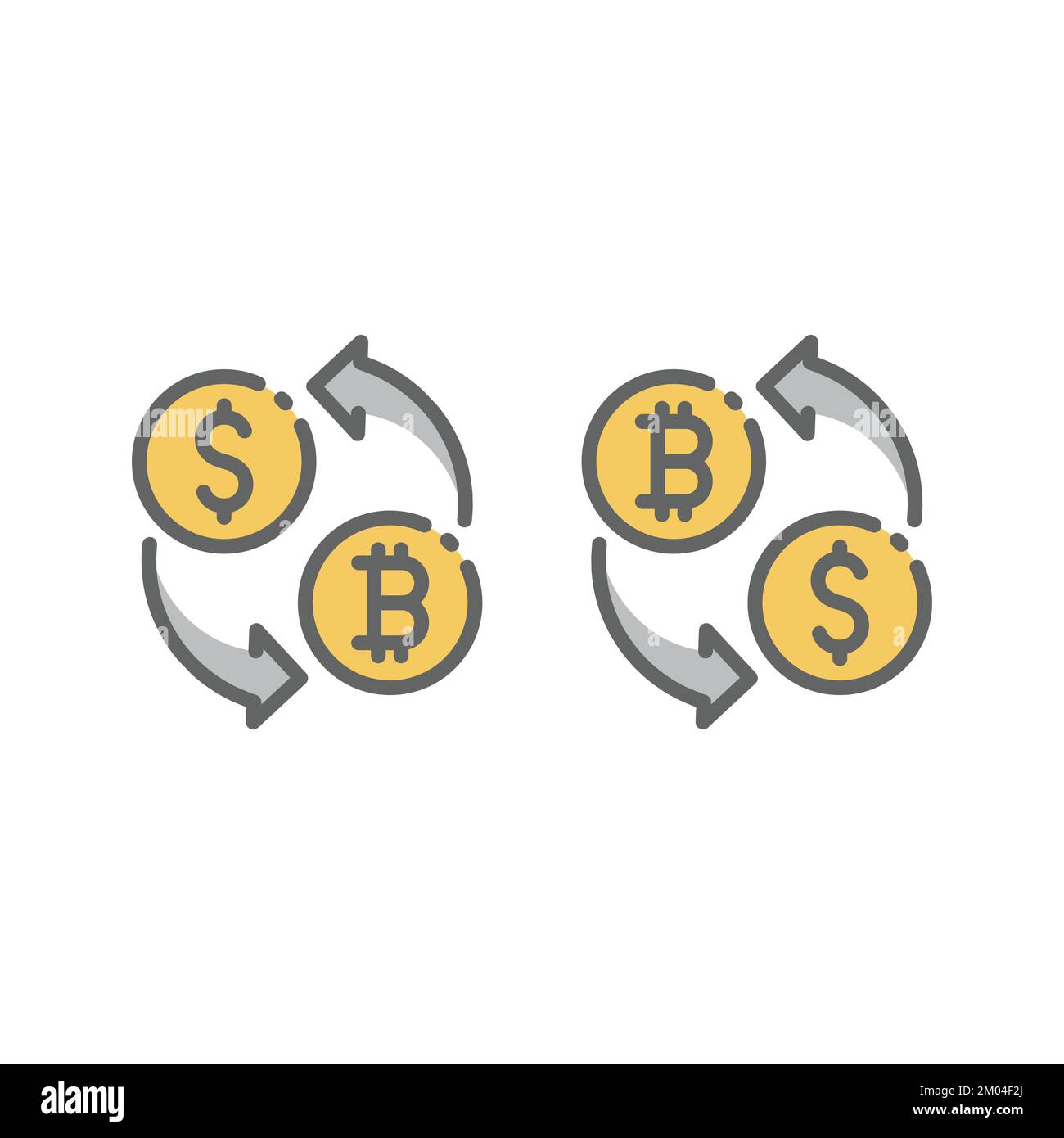Vektor-Symbol für die Umwandlung von Dollar in Bitcoin-Geld. Geldwechsel, Kryptowährung umrissene Symbol. Stock Vektor