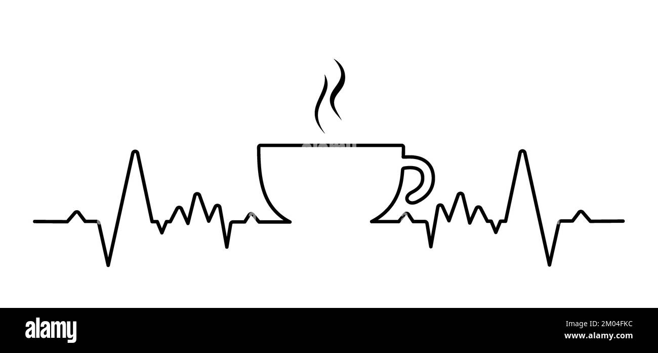Herzschlagwelle. Cartoon frische Kaffeetasse von Thea Tasse am Morgen. Für Kaffee- oder Teebar. Konzept für entspannende, entspannte, motivierende und inspirierende Botschaften. Stockfoto