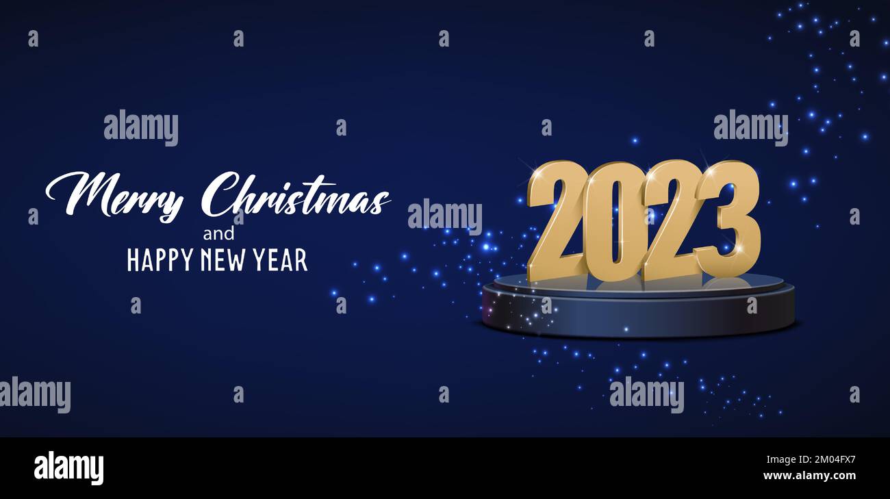 Illustration Frohe Weihnachten und frohes neues Jahr. Gold 2023 auf der Bühne. Weihnachtsgrüße
