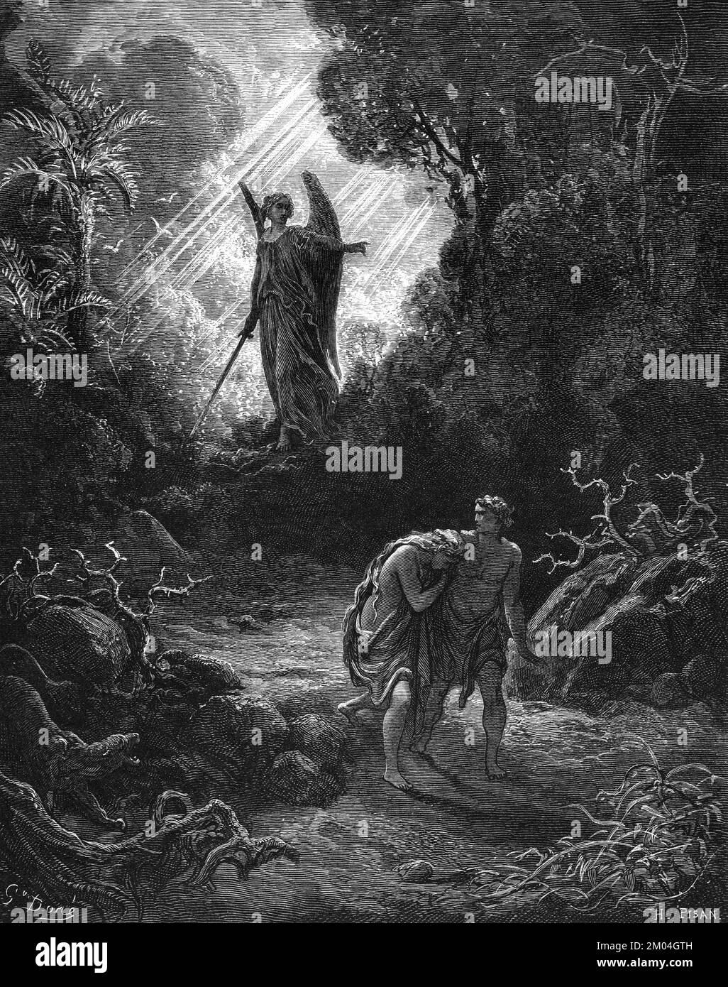 Adam und Eva vertrieben aus Eden Genesis 3:24 aus dem Buch 'Bible Gallery' illustriert von Gustave Dore mit Erinnerungen an Doré und beschreibende Buchpresse von Talbot W. Chambers D.D. Herausgegeben von Cassell & Company Limited in London und gleichzeitig von Mame in Tours, Frankreich im Jahr 1866 Stockfoto