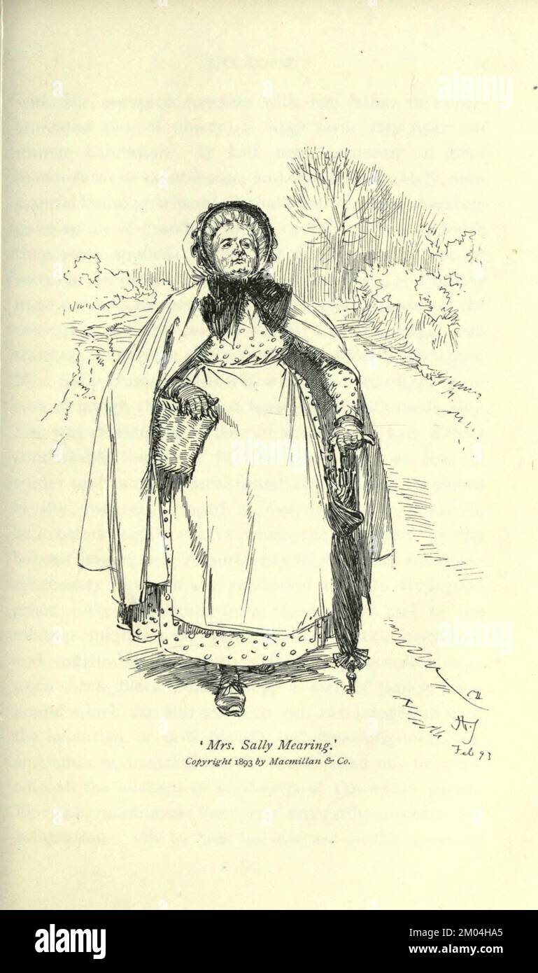 Mrs. Sally Mearing illustriert von Hugh Thomson for Our Village ist eine Sammlung von etwa 100 literarischen Skizzen des ländlichen Lebens, geschrieben von Mary Russell Mitford (1787–1855) und ursprünglich in den 1820er und 1830er Jahren veröffentlicht. Die Serie erschien zuerst im Lady's Magazine. Der vollständige Titel lautet: Unser Dorf: Skizzen des ländlichen Charakters und der Landschaft. Die Vivid-Serie basiert auf dem Leben in Three Mile Cross, einem Dorf in der Gemeinde Shinfield (südöstlich von Reading in Berkshire), wo sie lebte. Veröffentlicht von Macmillan Il 1893 Stockfoto