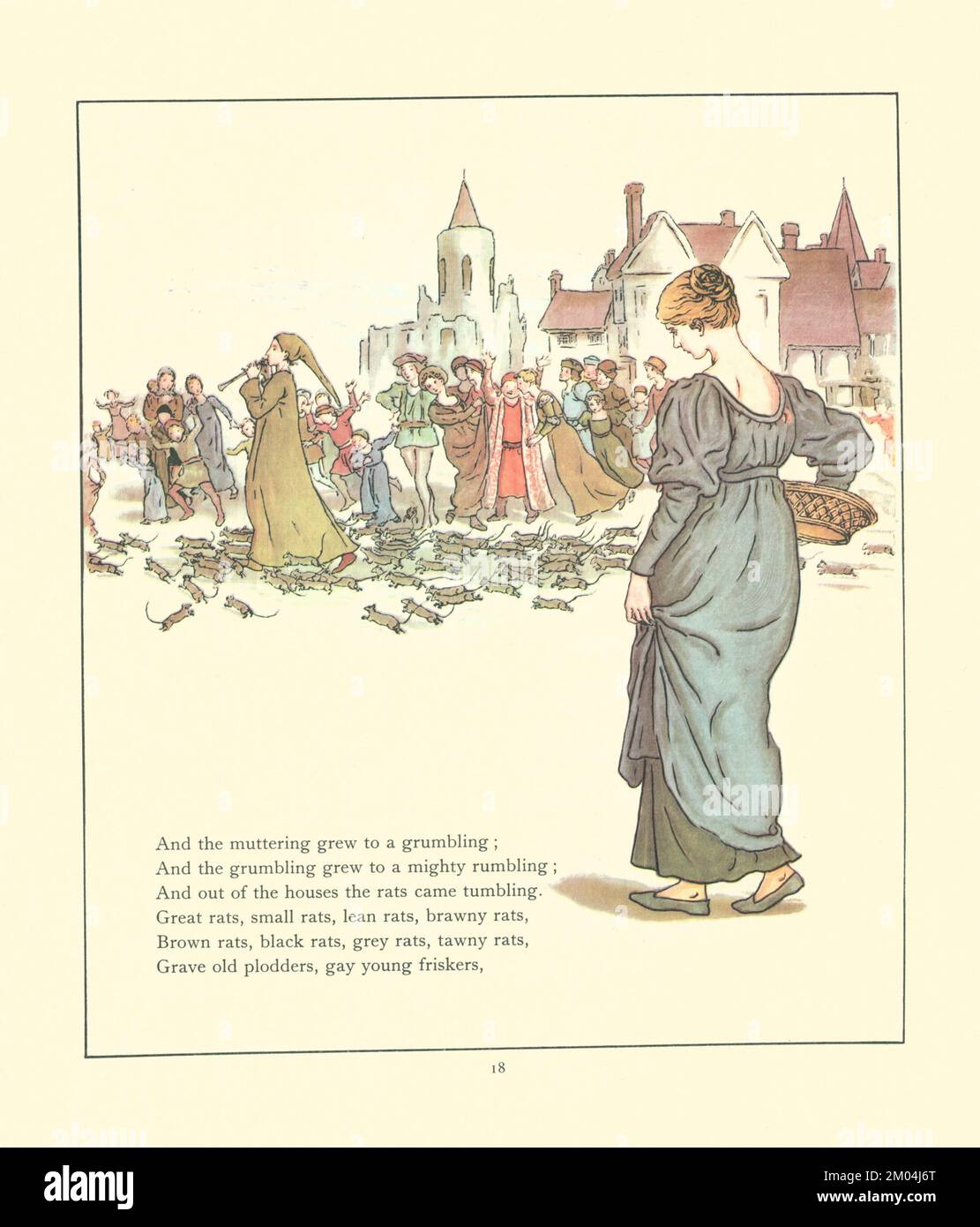 Und das Murmeln wuchs zu einem Murmeln, das von KATE GREENAWAY (1846-1901) englischer Künstlerin und Schriftstellerin illustriert wurde. For the Rattenfänger of Hamelin von Robert Browning, 1812-1889 Veröffentlicht von Warne 1910 Stockfoto