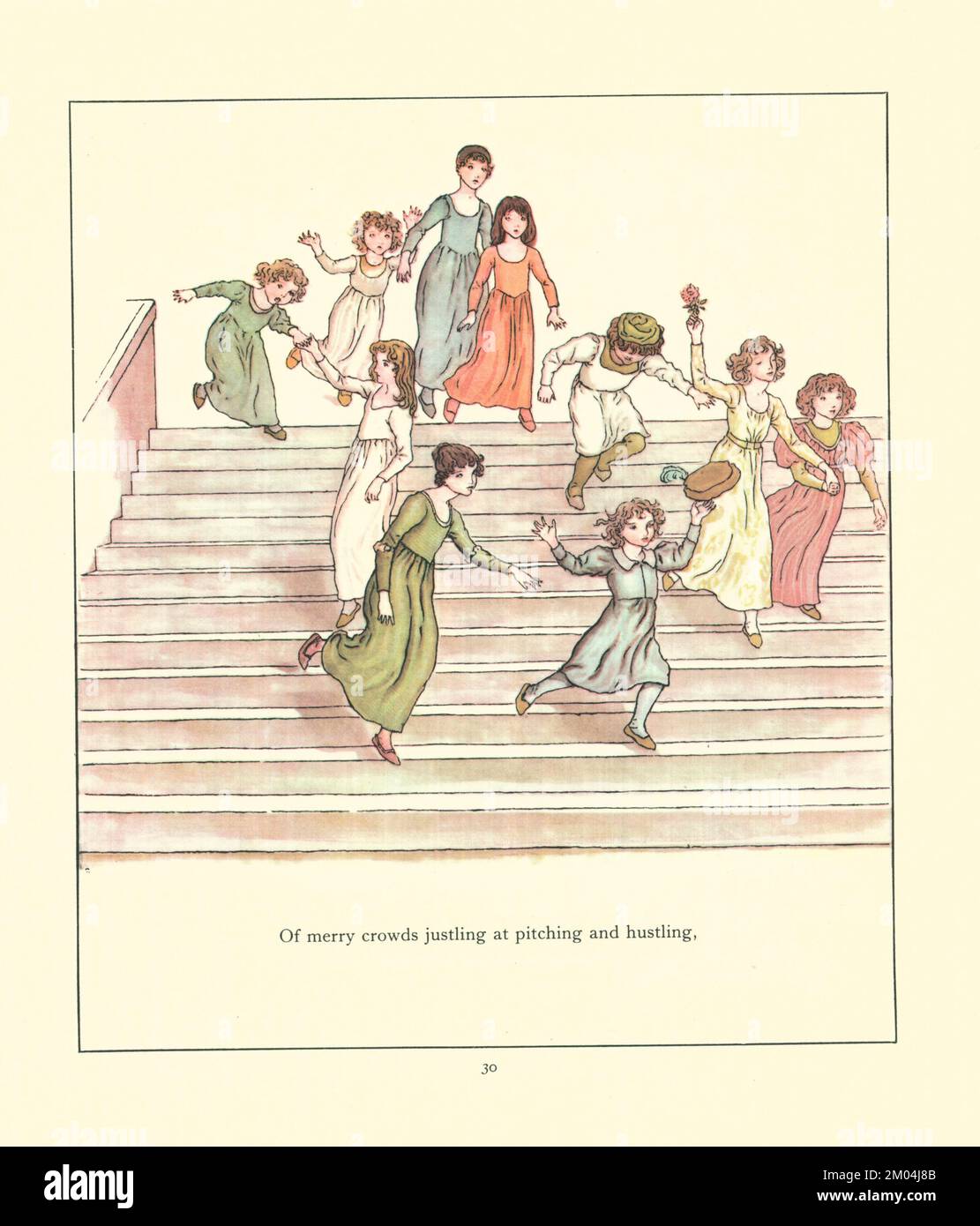 Von fröhlichen Menschenmassen, die beim Werfen und Trödeln auftreten, illustriert von KATE GREENAWAY (1846-1901) englischer Künstlerin und Schriftstellerin. For the Rattenfänger of Hamelin von Robert Browning, 1812-1889 Veröffentlicht von Warne 1910 Stockfoto