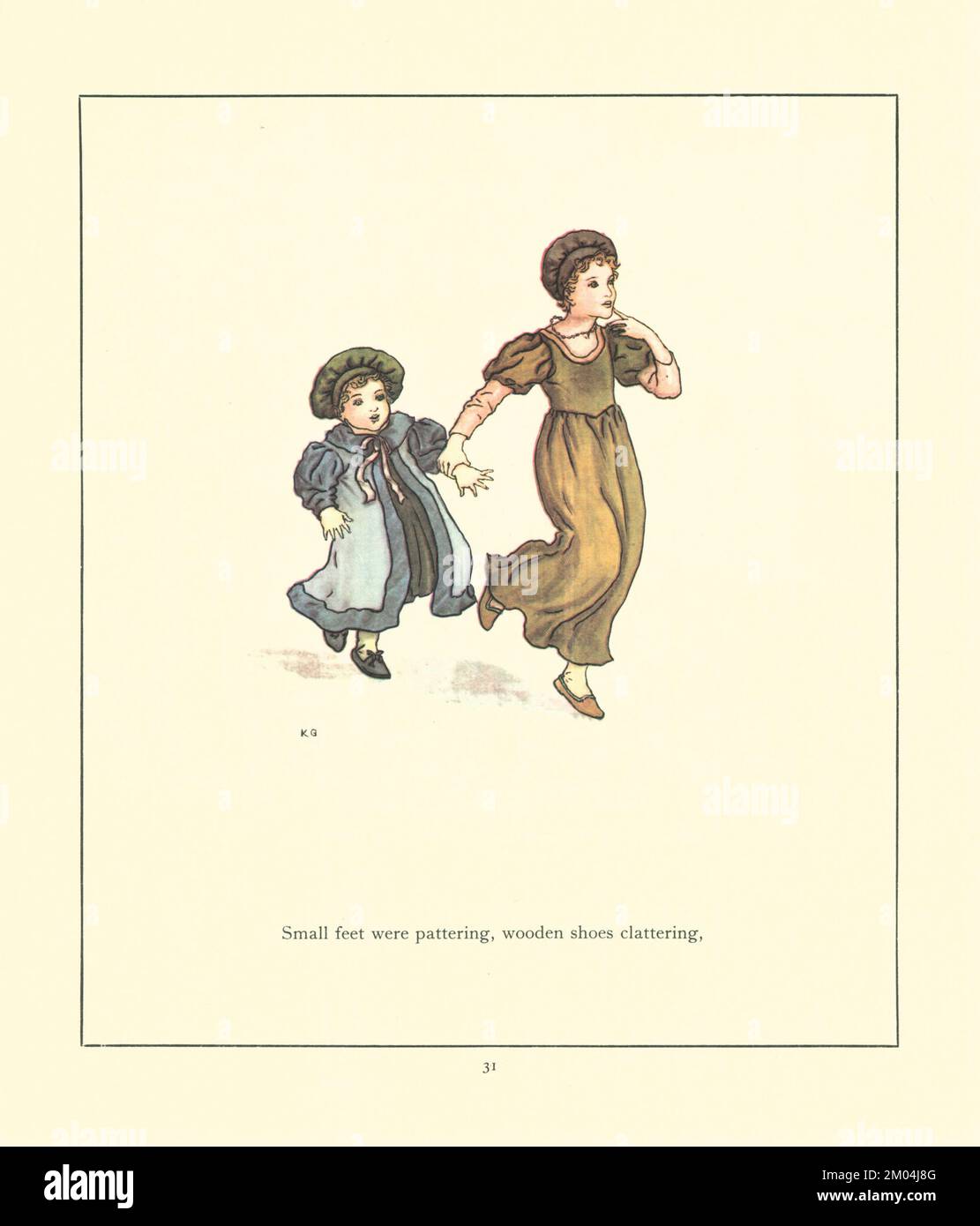 Kleine Füße quetschten, Holzschuhe klapperten, illustriert von KATE GREENAWAY (1846-1901) englischer Künstlerin und Schriftstellerin. For the Rattenfänger of Hamelin von Robert Browning, 1812-1889 Veröffentlicht von Warne 1910 Stockfoto