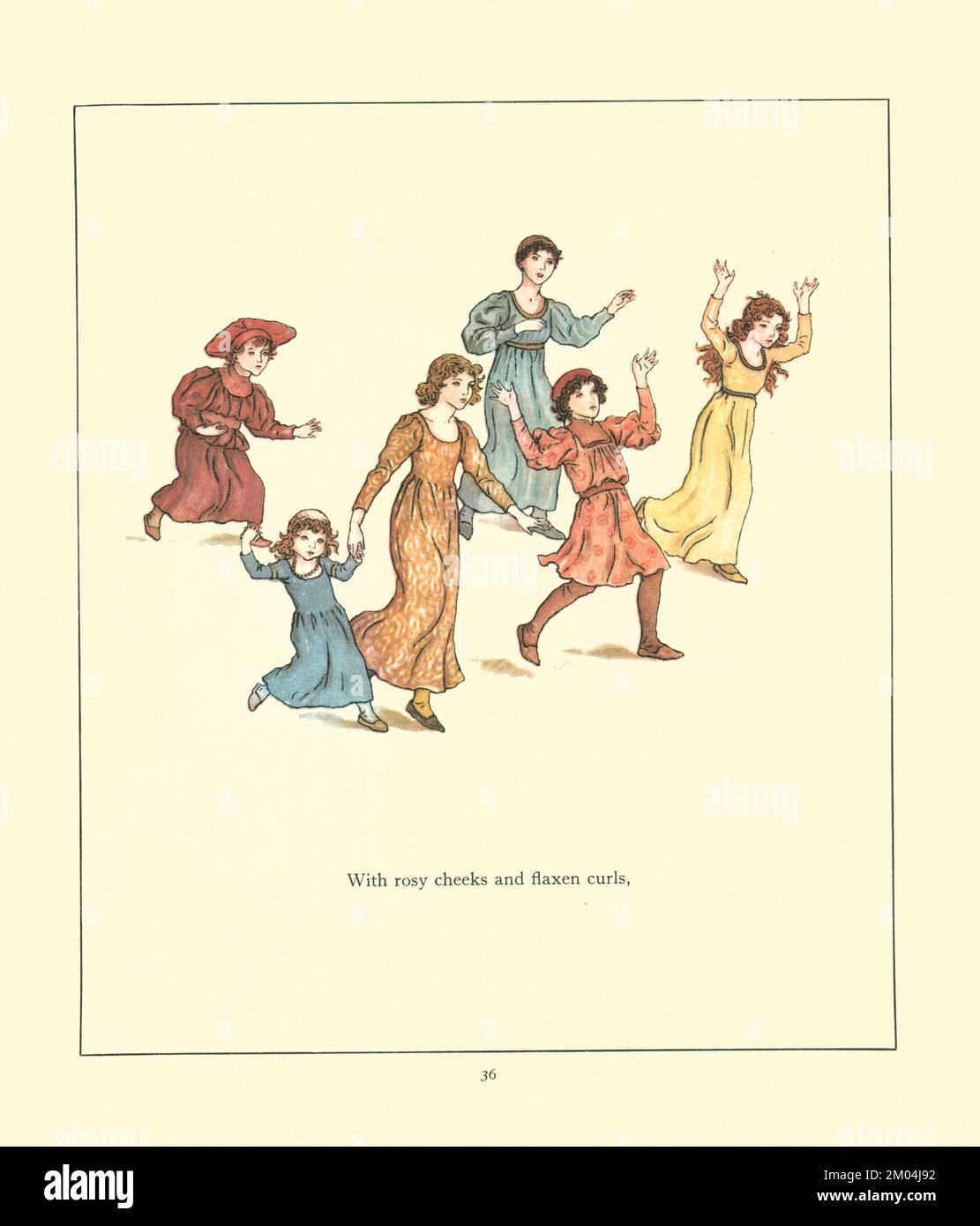 Mit rosigen Wangen und flaxen Locken, illustriert von KATE GREENAWAY (1846-1901), englischer Künstlerin und Schriftstellerin. For the Rattenfänger of Hamelin von Robert Browning, 1812-1889 Veröffentlicht von Warne 1910 Stockfoto