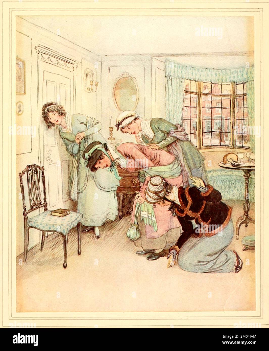 ICH glaube, ich höre ihre Stimmen im Streit. Von „ Quality Street, a Comedy in Four Acts “ von James Matthew Barrie, illustriert von Hugh Thomson, Publikationsdatum 1913 Publisher London Hodder & Stoughton Quality Street ist eine Comedy in Four Acts von J. M. Barrie, geschrieben vor seinem berühmteren Werk Peter Pan. Die Geschichte handelt von zwei Schwestern, die eine Schule für sanfte Kinder gründen. Stockfoto