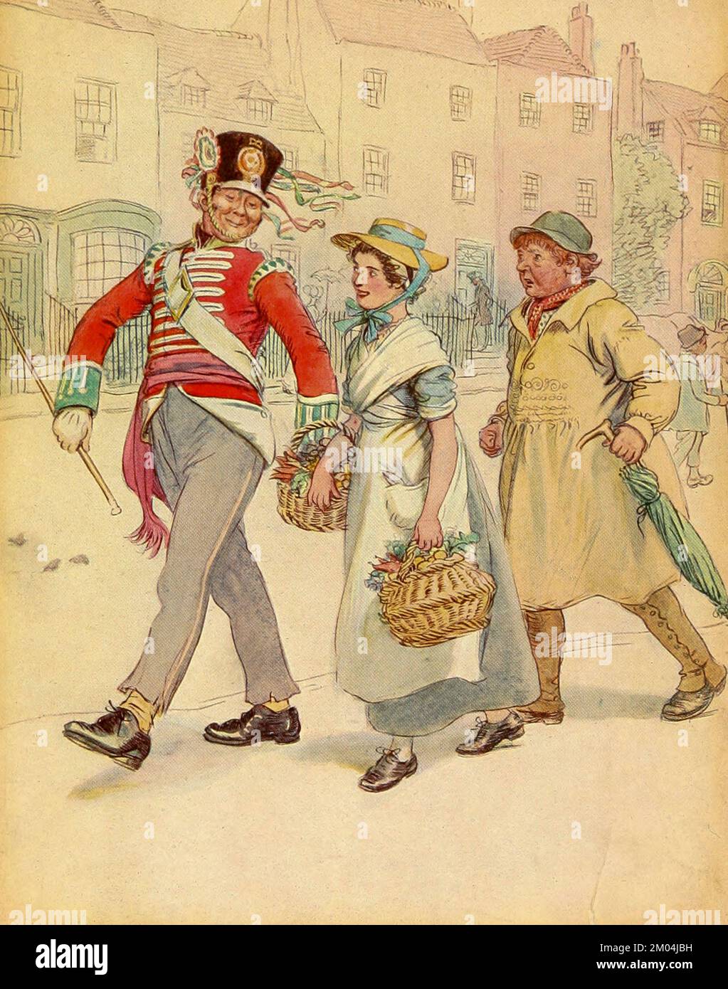 Ein Soldat mit einem Mädchen überlässt Joch und folgt wütend. Von „ Quality Street, a Comedy in Four Acts “ von James Matthew Barrie, illustriert von Hugh Thomson, Publikationsdatum 1913 Publisher London Hodder & Stoughton Quality Street ist eine Comedy in Four Acts von J. M. Barrie, geschrieben vor seinem berühmteren Werk Peter Pan. Die Geschichte handelt von zwei Schwestern, die eine Schule für sanfte Kinder gründen. Stockfoto