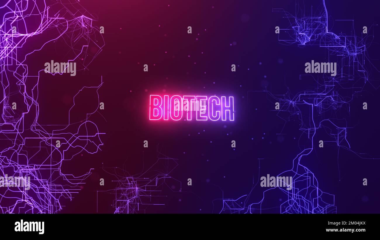 Biotech Text Neon auf abstraktem Hintergrund von Verbindungsdaten. Neues Technologiekonzept. Stockfoto