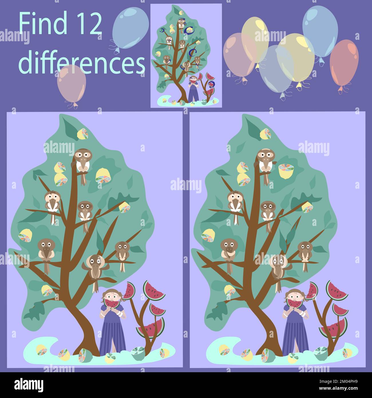 Für Kinder unter 7 Jahren finden Sie 12 Unterschiede im „Birds on a Tree“-Puzzle Stock Vektor