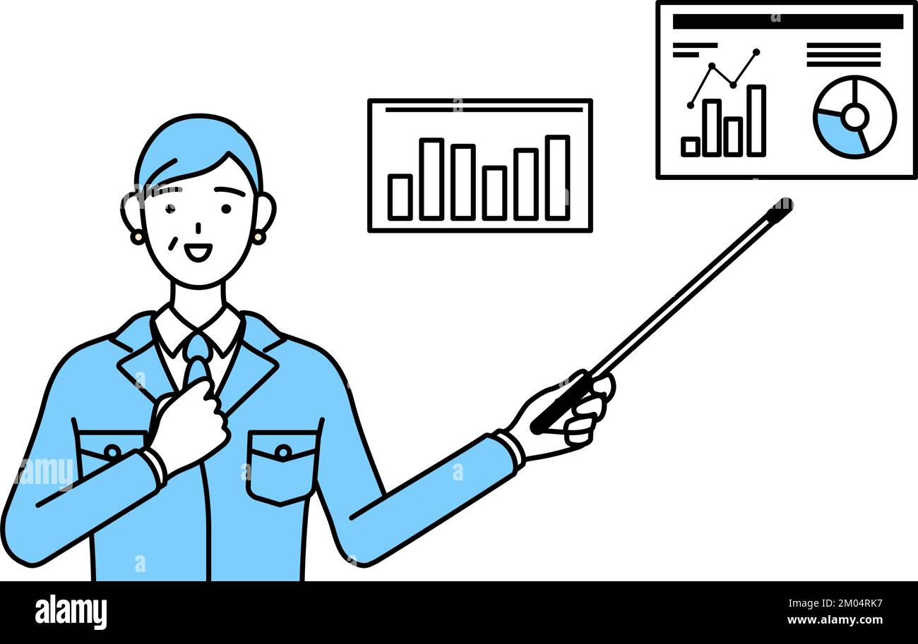 Management, Manager, Anlagenmanager, eine leitende Frau in Arbeitskleidung, die ein Leistungsdiagramm analysiert, ein Bild von DXing. Stock Vektor