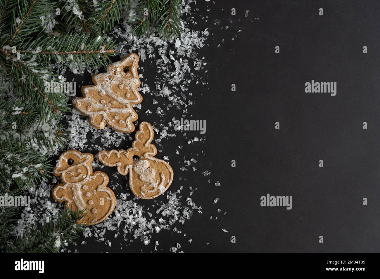 Lebkuchen-Weihnachtskekse mit Glasur oder Zuckerguss und Äste. Weihnachtszeit Winterkomposition mit Kopierbereich auf schwarzem Hintergrund. Stockfoto