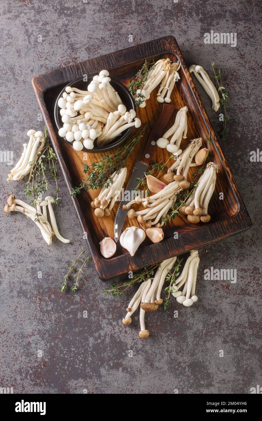 Weiße und braune essbare Shimeji-Pilze oder Buchen-Pilze mit Kochzutaten auf Holzbrett auf dem Tisch. Vertikale Draufsicht von abo Stockfoto