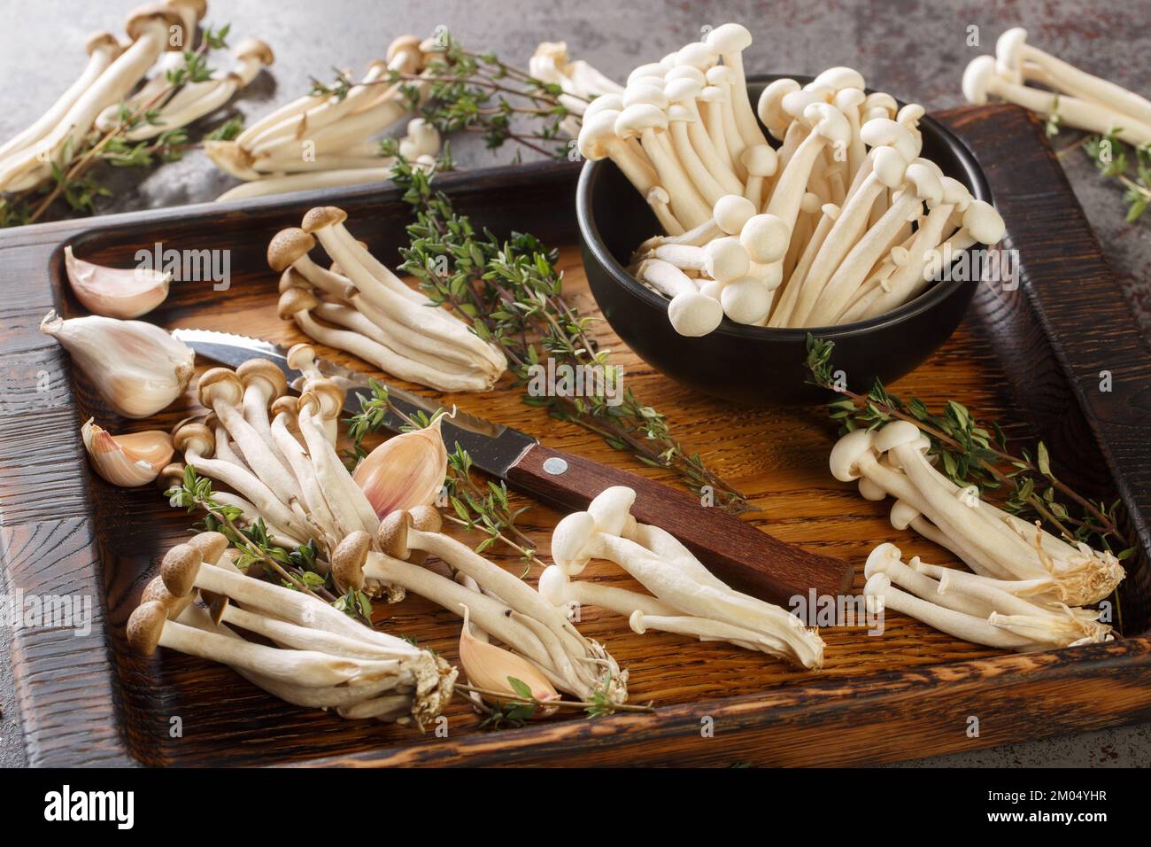 Frische rohe weiße und braune Buchenpilze mit Thymian und Knoblauch auf einem Küchenbrett auf dem Tisch. Horizontal Stockfoto