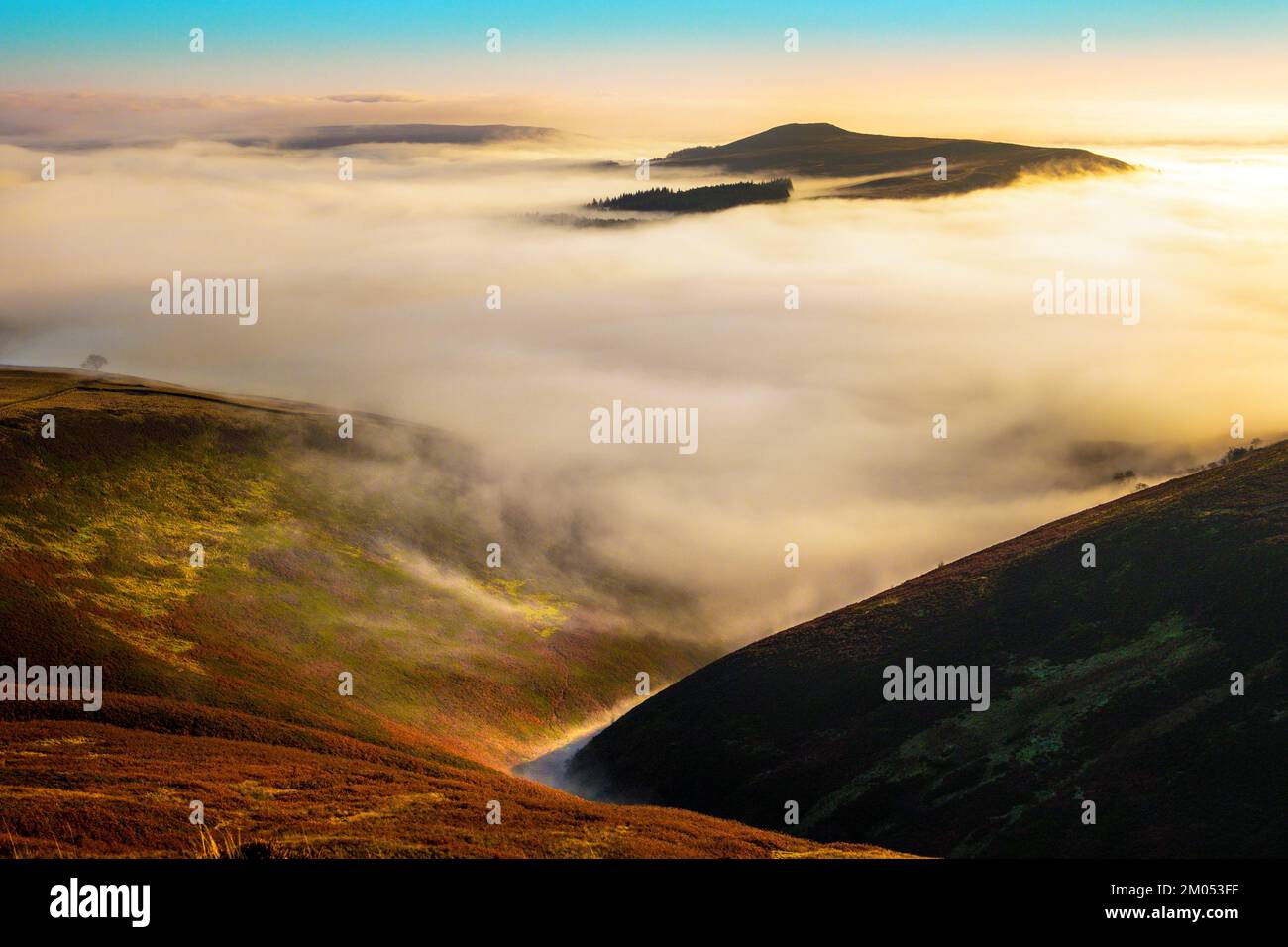 Win Hill erhebt sich über dem Tallnebel, wie von der Kinder Scout im Peak District National Park aus gesehen Stockfoto