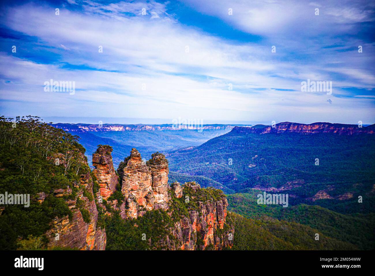 Die Three Sisters Felsformation in Jamison Valley, Australien Stockfoto