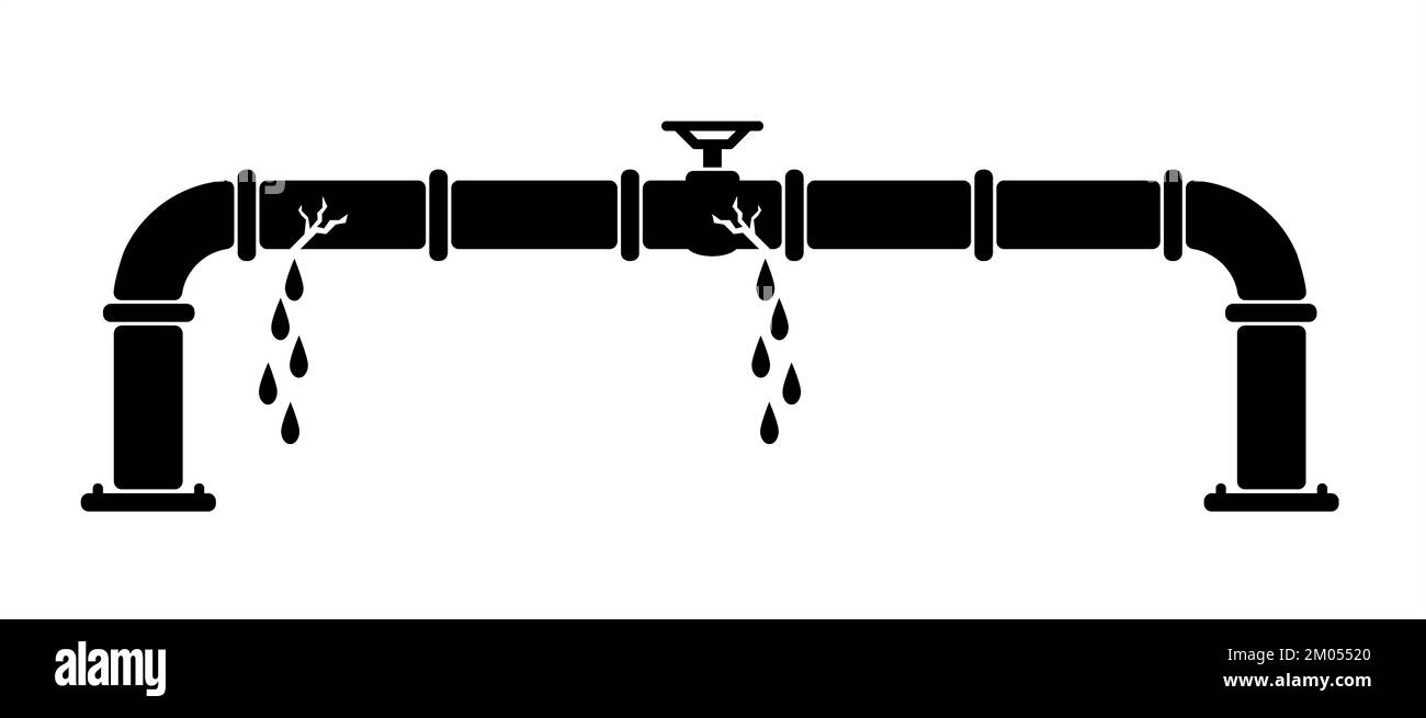 Leckage, gebrochene Öl- oder Gasleitung mit Armaturen und Ventilen. Pipeline, schwarzer Hahn, offen, geschlossen. Cartoon Wasserstrahl mit undichten Rohrleitung, Sanitär-System Stockfoto