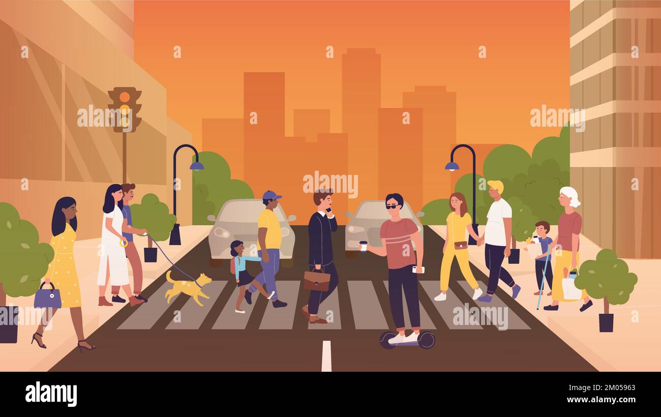 Verschiedene Menschen überqueren die Straße an der Kreuzung Zebra in der modernen Stadt bei Sonnenuntergang Vektordarstellung Stock Vektor