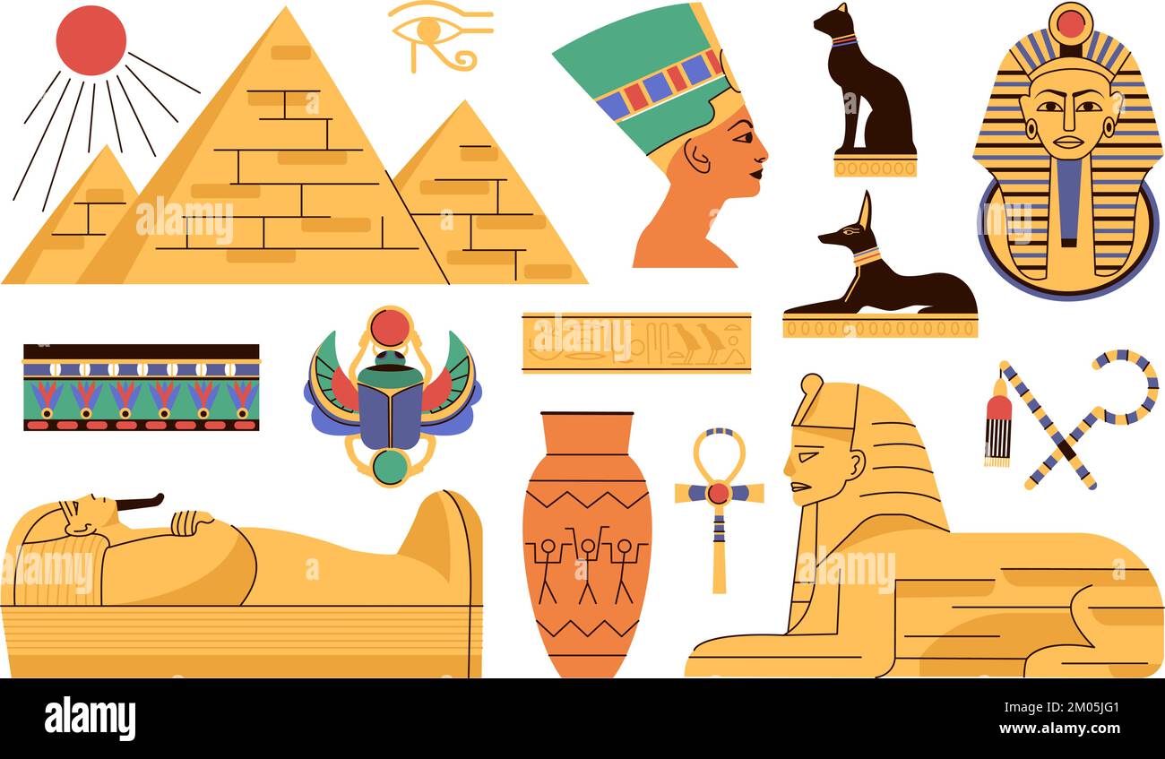 Ägyptische flache Elemente, Skulpturen und ägyptische Baupyramiden. Oase Wahrzeichen Denkmäler, historischer antiker pharao und Architektur anständige Vektorausrüstung Stock Vektor