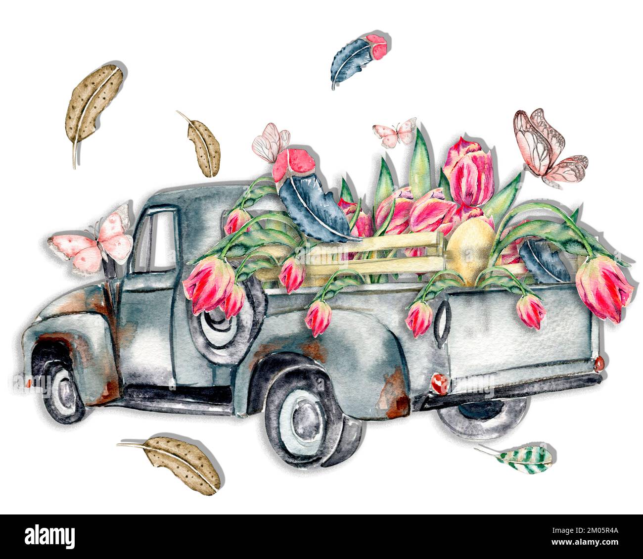 Handgezogene Kartenvorlage in Aquarell mit pinkfarbenen Tulpen. Illustration eines niedlichen Häschen in Aquarellfarben, Blumen, Pflanzen und Grußrahmen. Bilder für Poster, Stockfoto