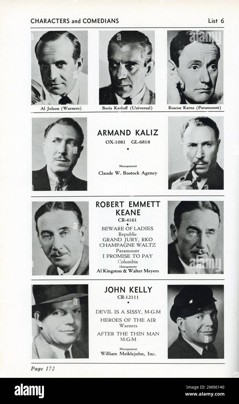 Seite aus Ausgabe Nr. 1 vom Januar 1937 der Academy of Motion Picture Arts and Sciences Hollywood PLAYERS DIRECTORY BULLETIN mit Charakteren und Komikern AL JOLSON, BORIS KARLOFF, ARMAND KALIZ, ROBERT EMMETT KEANE und JOHN KELLY. Stockfoto