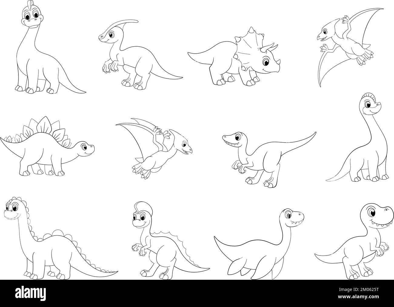 Umreißen Sie Dinosaurier, T-rex und Pterodactyl. Line Dinos isoliert auf weißem, prähistorischem Cartoon-Dinosaurier. Kinder-Dino-Clipart, Vektorfarben-Paket Stock Vektor