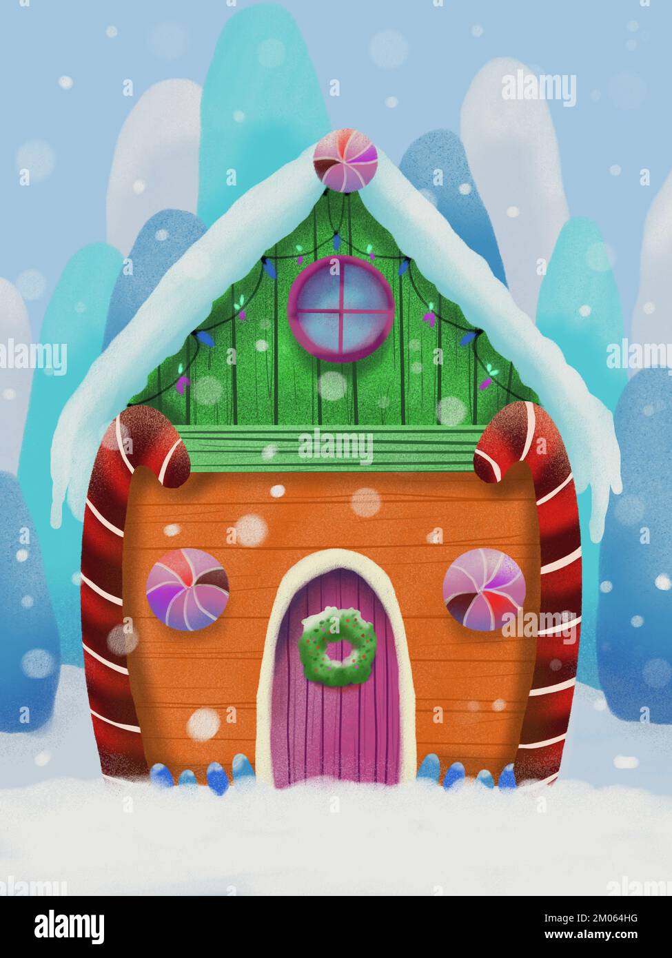 Stilisiertes Haus am Heiligabend in der Winterlandschaft mit Schnee und gemütlicher Hütte. Handgezeichnete Illustration für die Feiertage. Verschneite Landschaftszeichnung. Stockfoto