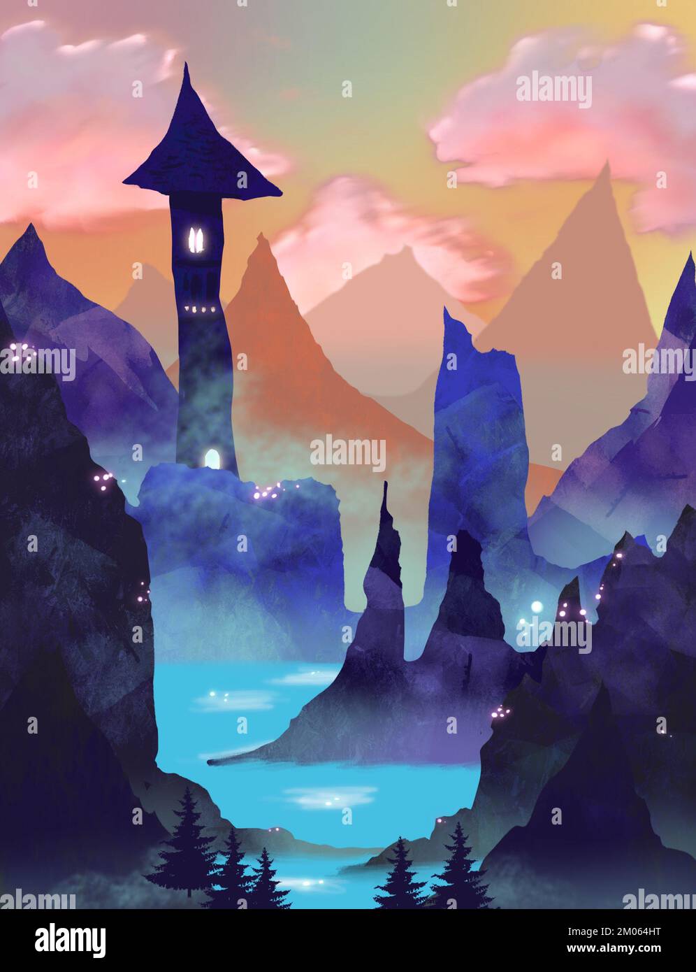 Düstere, stimmungsvolle, dunkle Architektur, Märchen oder Geschichte mit apokaliptyschem Flair. Hexenhaus, baba yaga-Hütte auf einem großen felsigen Hügel. Berge in der Nähe der Küste. Stockfoto