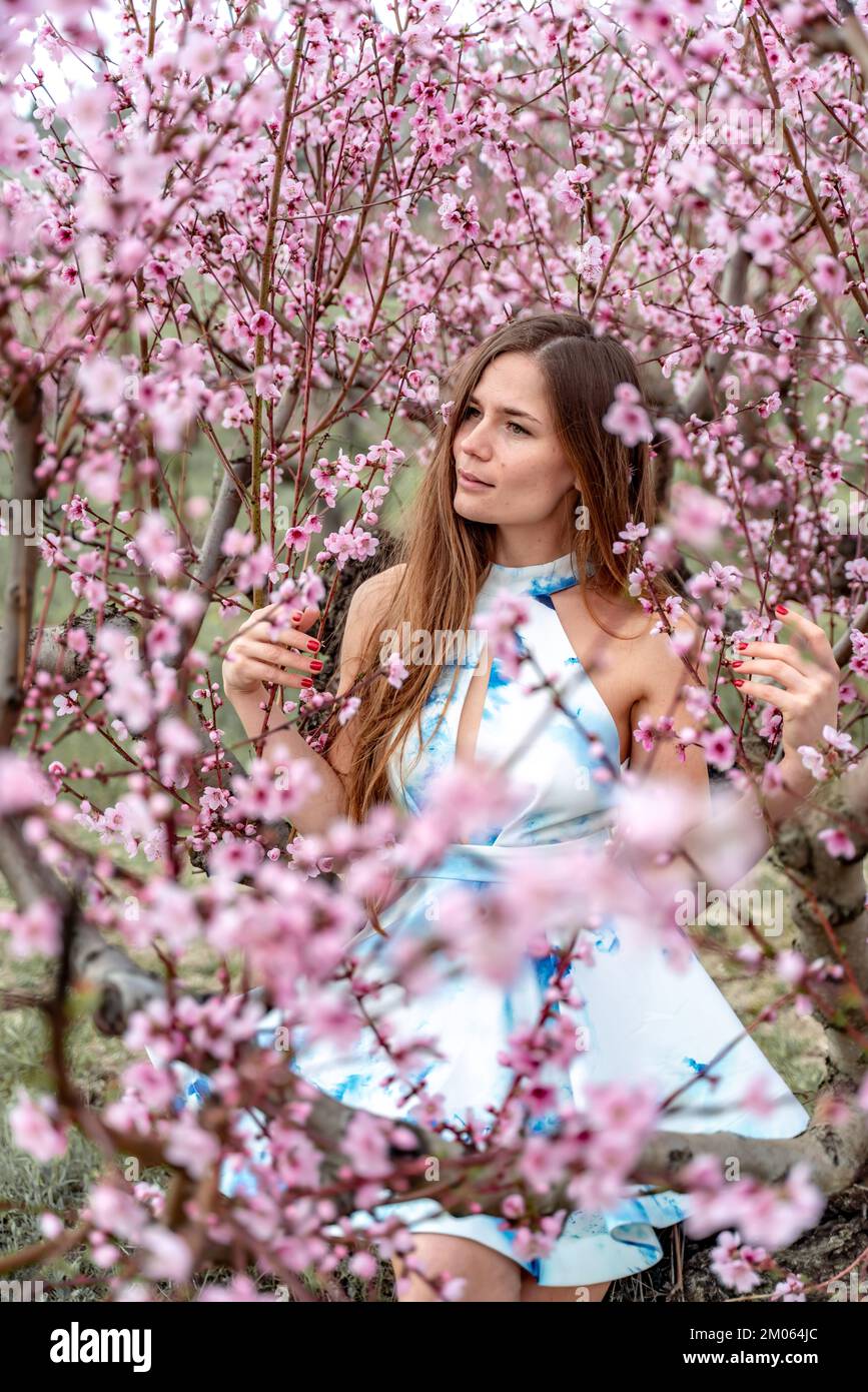 Lächelndes, wunderschönes Mädchen, das auf einem blühenden Pfirsich-Baum sitzt, in einem weiß-blauen Kleid, langes Haar. Fröhliches Gesicht. Frühling. Stockfoto