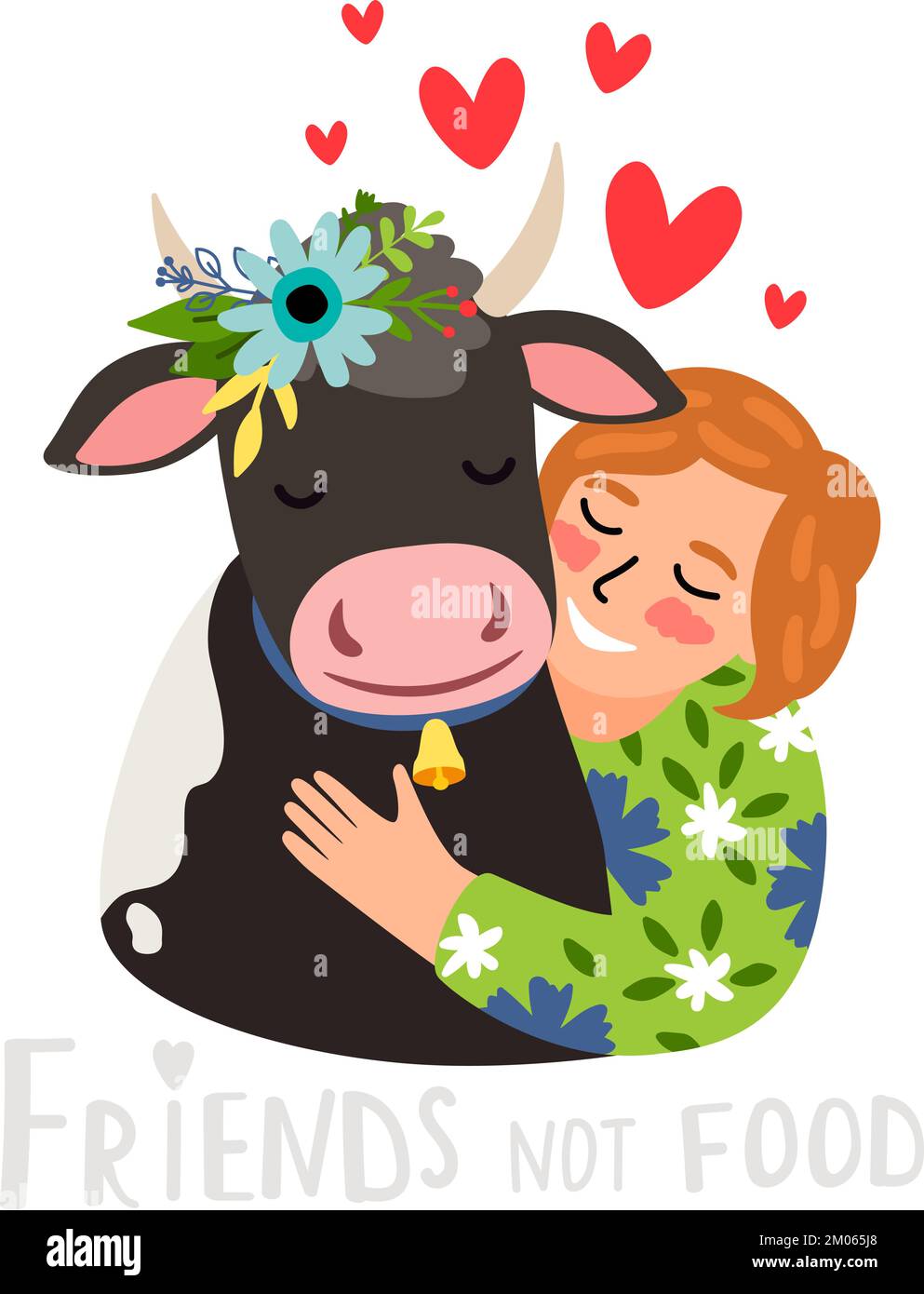 Ein glückliches Mädchen zeigt Tieren ihre Liebe und umarmt eine Kuh. Naturrespektbegriff und veganer Lebensstil. Süßes Kalb mit Blumenkranz auf dem Kopf und umgeben von Herzen. Vektordarstellung Stock Vektor