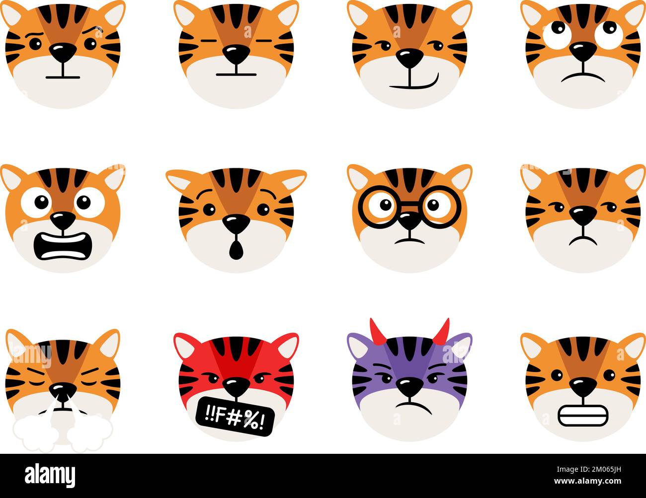 Tigerköpfe mit Emoticons, Zeichentrickfiguren, Maskottchen-Sammlung. Karikaturentierkopf mit Gesichtsausdruck. Gestreifte, emotionale Wildkatzen. Tierporträt mit Emotionen des Charaktertierkopfes Stock Vektor