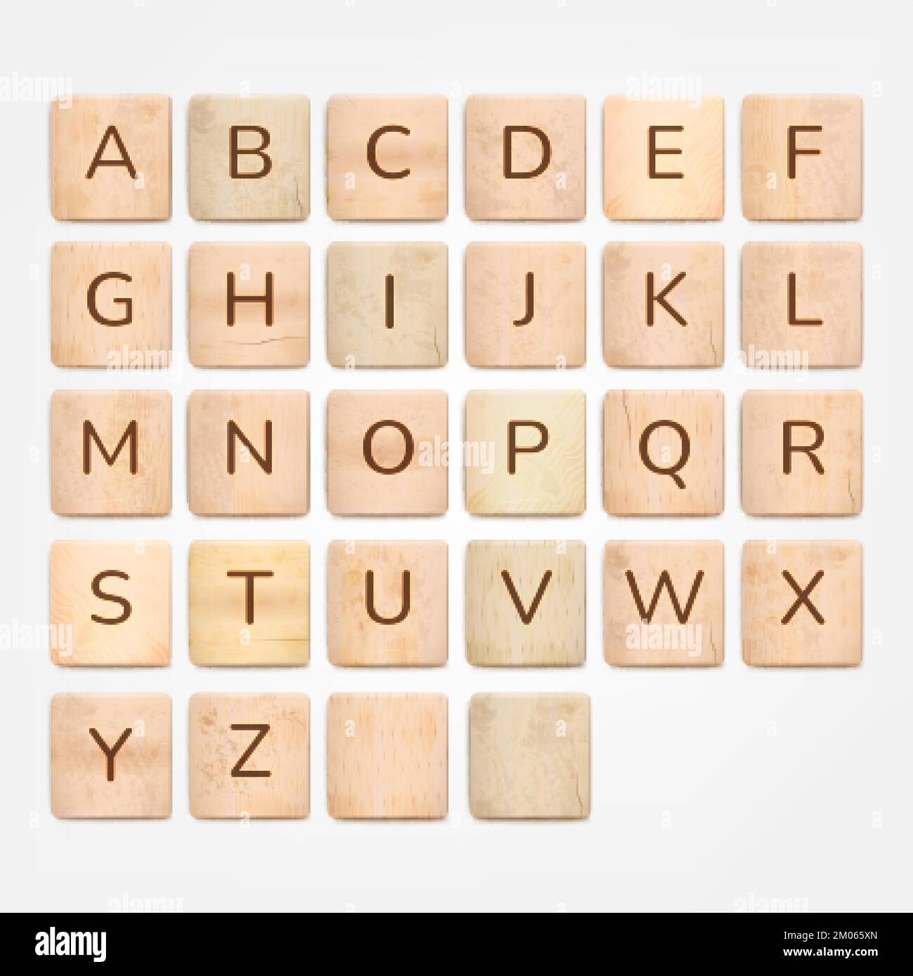 Holzfliesen mit Alphabet. 3D Holzziegel oder quadratischer Block mit Buchstabenzeichen Text, Puzzle Wörter Spiel Kreuzworträtsel Spiel Würfel Brett Schrift Sprachunterricht, ordentliche Vektordarstellung des Buchstabenblocks Stock Vektor
