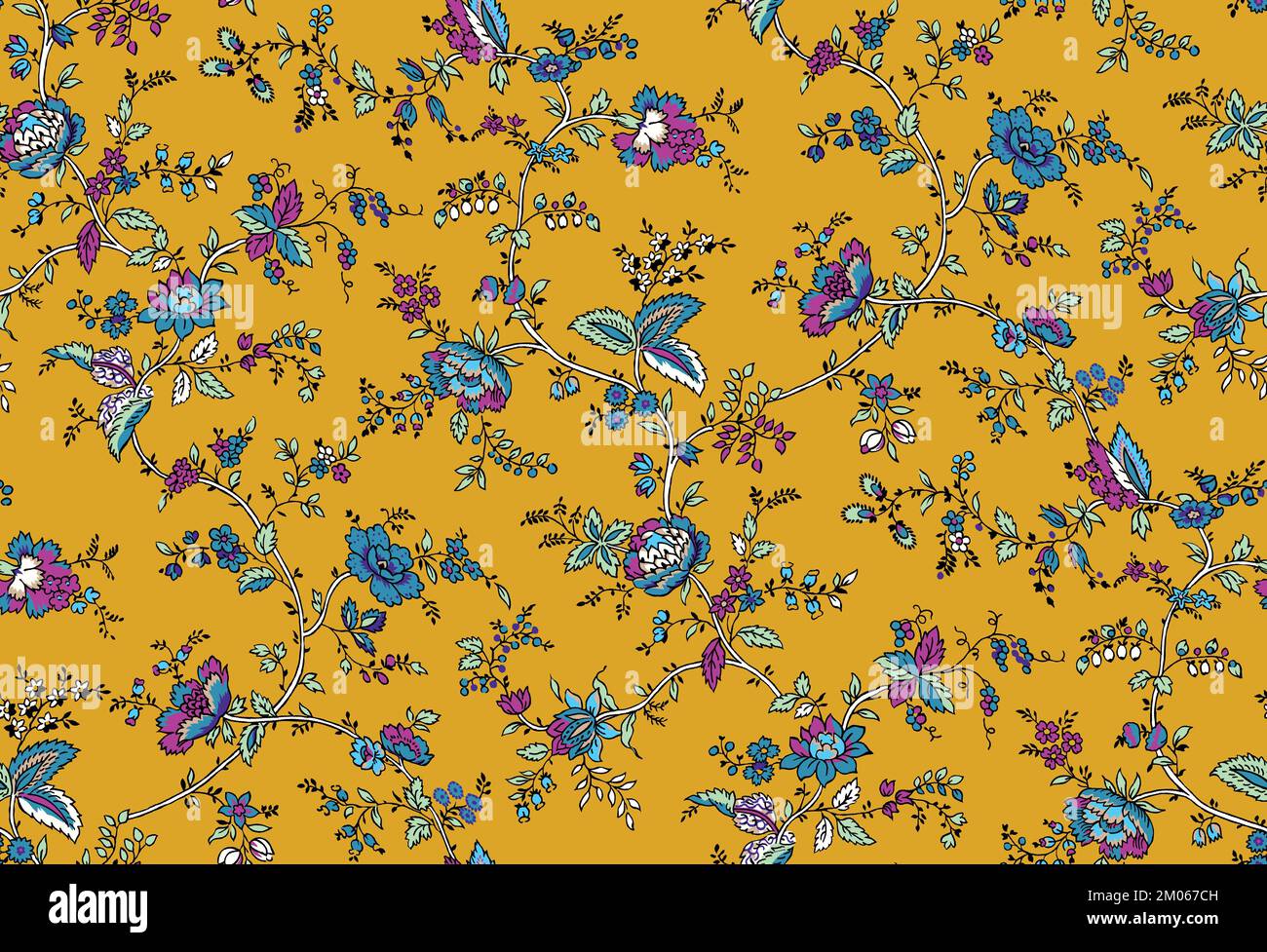 Nahtloses Blumendesign mit Blättern auf farbigem Hintergrund bereit für Textildrucke. Stockfoto