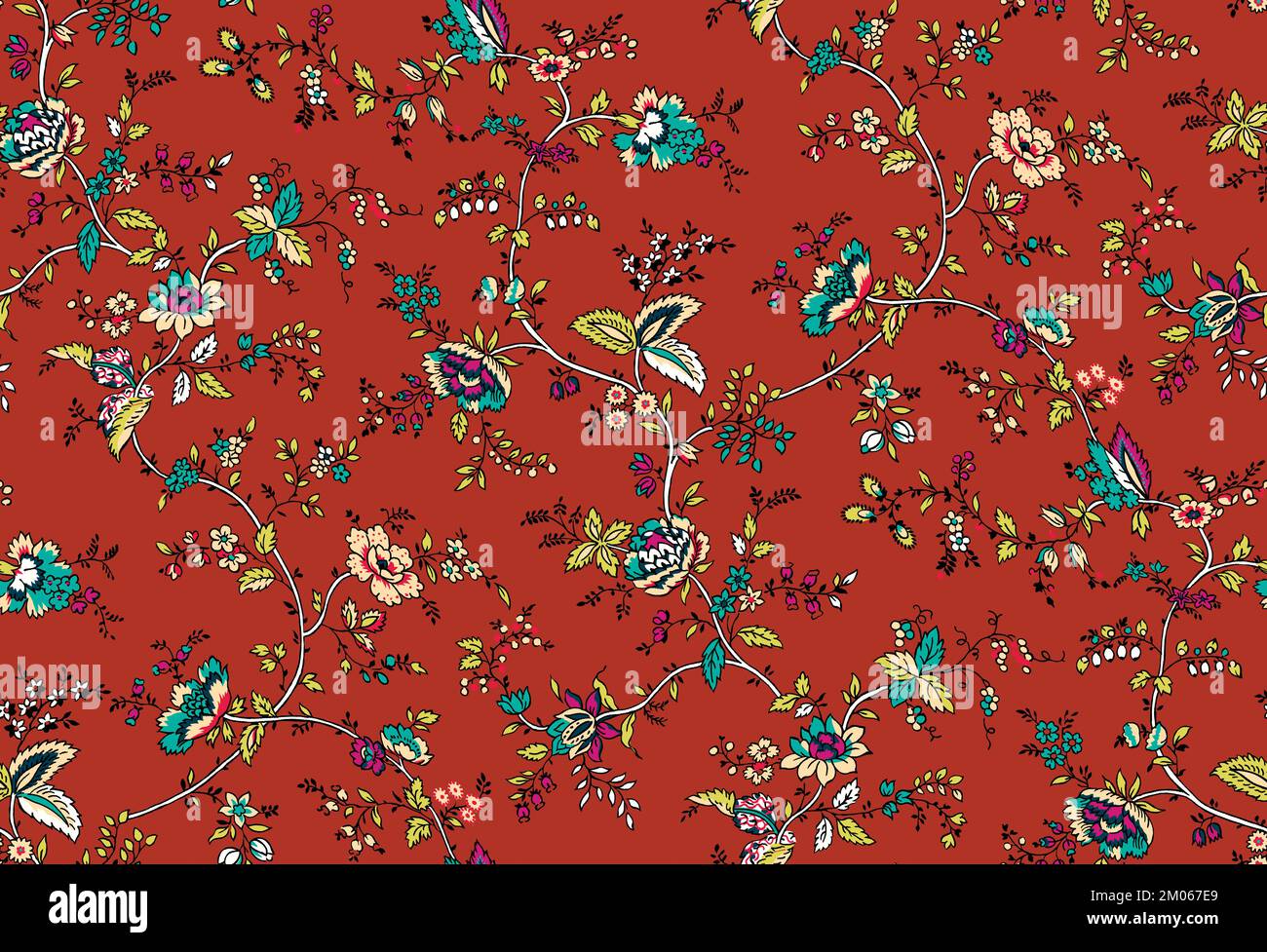 Nahtloses Blumendesign mit Blättern auf farbigem Hintergrund bereit für Textildrucke. Stockfoto