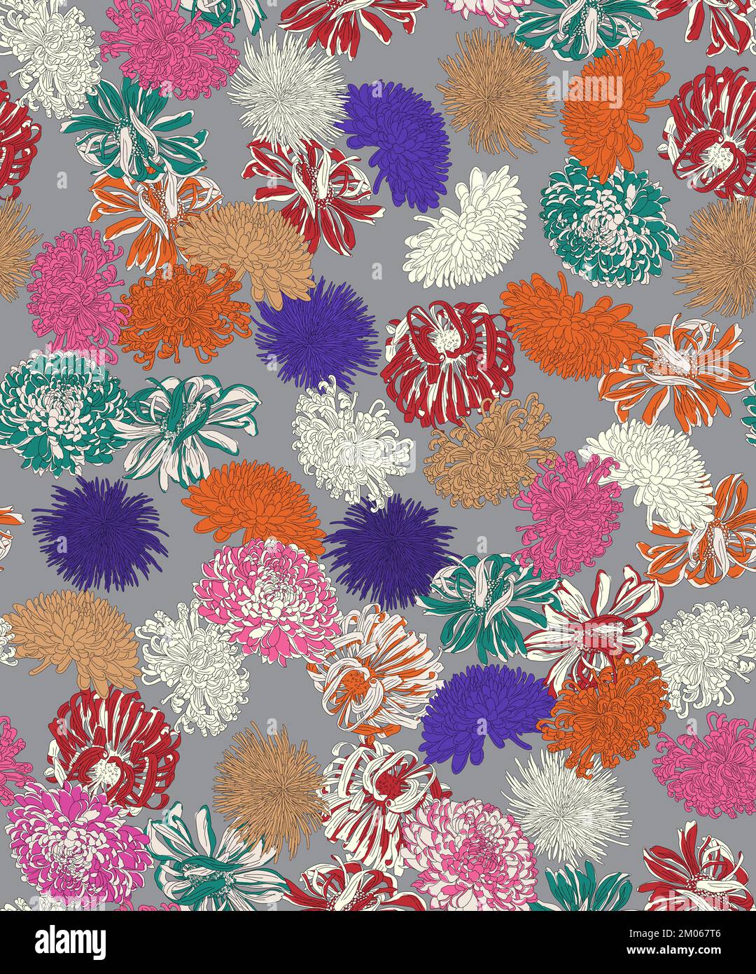 Nahtlos abstraktes, farbenfrohes handgezeichnetes Blumendesign, bereit für Textildrucke. Stockfoto