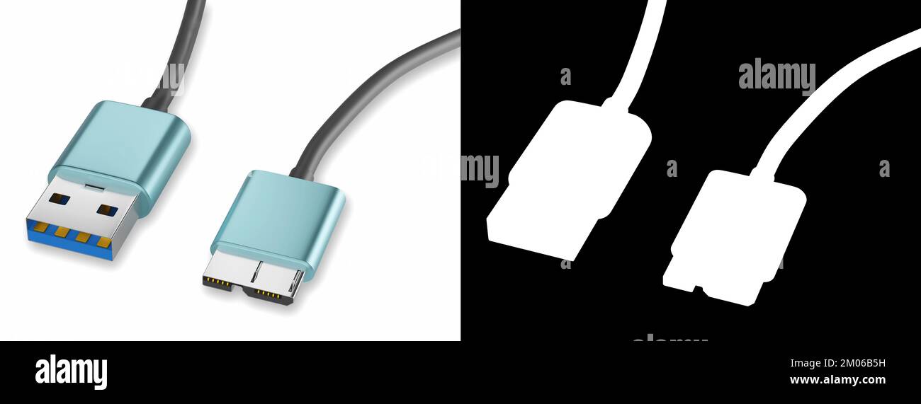 Nahaufnahme des USB 3,0-Kabels Typ A – Micro-B isoliert auf weißem Hintergrund, 3D-Rendering Stockfoto