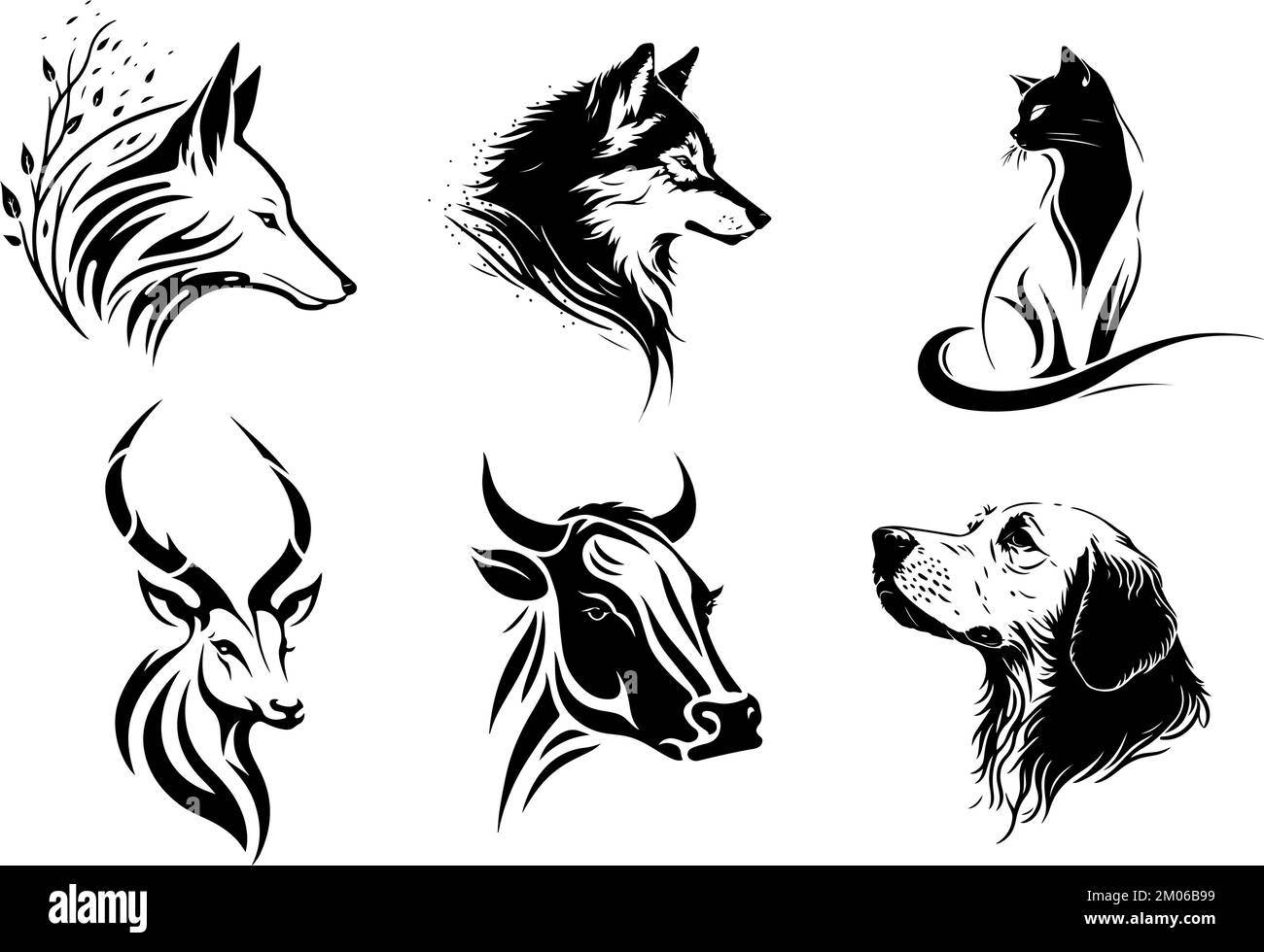 Gruppe von Überträgertieren, Hund, Katze, Wolf, Fuchs, Kuh, Hirsche, Symbole, Logovorlagen, Elemente Stock Vektor