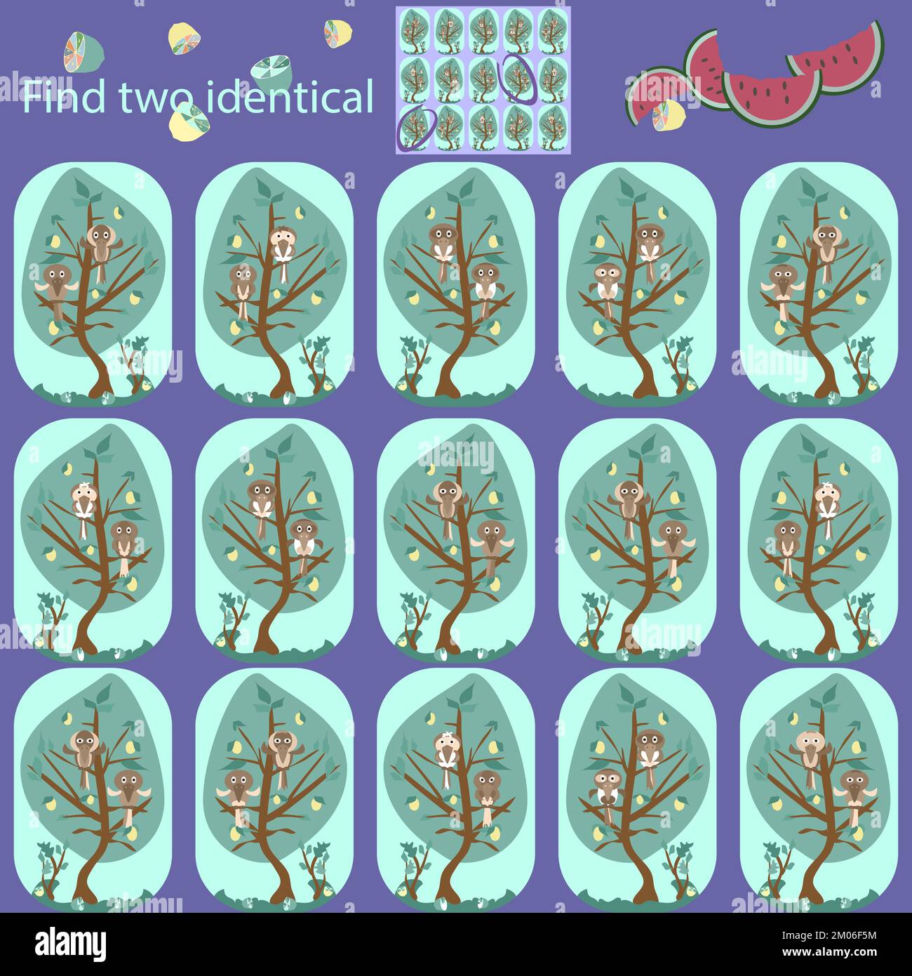 In einem lustigen Puzzlespiel für Kinder unter 7 Jahren finden Sie auf einem Baum 2 identische Bilder Stock Vektor