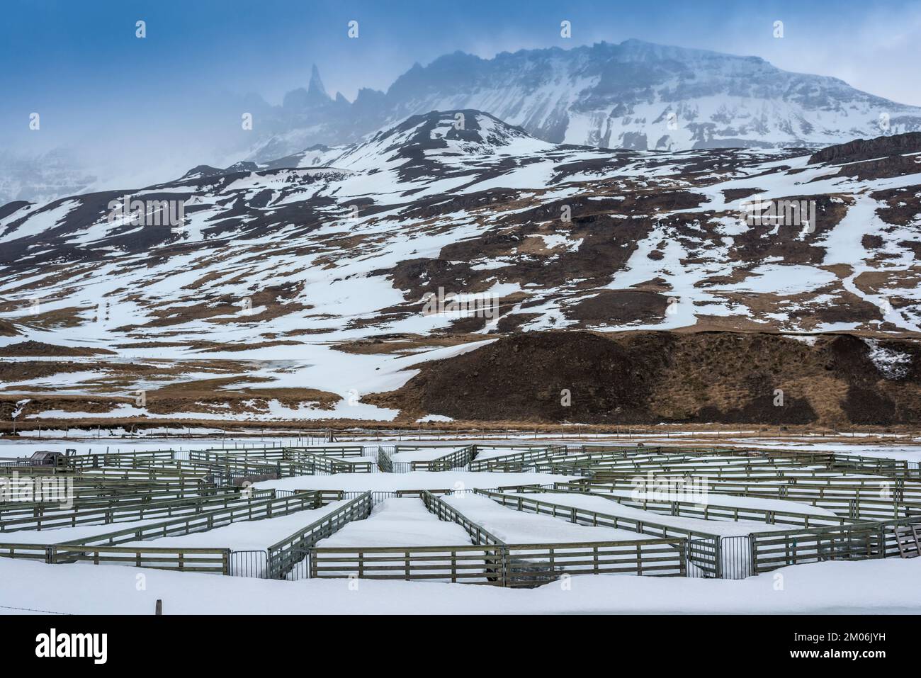 Schafstall, Kreisverkehr zur Trennung der Schafe nach dem Herbsttrieb, Winter, in der Nähe von Akureyri, Nordisland Stockfoto