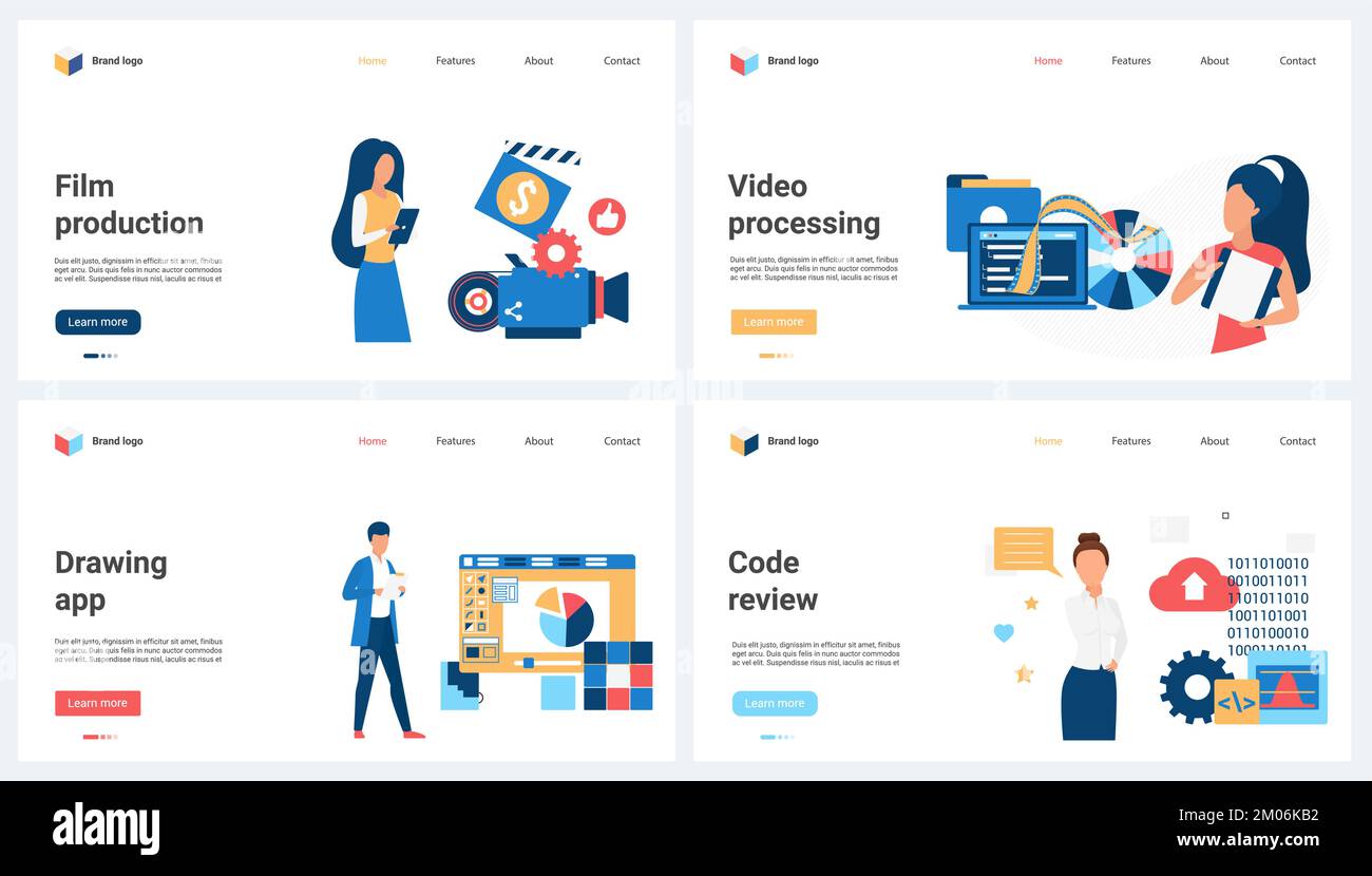 Film- und Videoproduktion, Codeprüfung und Vektordarstellung für Webdesign. Cartoon Tiny People zeichnen Videos mit Kamera und Software auf, bearbeiten sie mit dem Grafikeditor, entwickeln sie mobile Anwendungen Stock Vektor