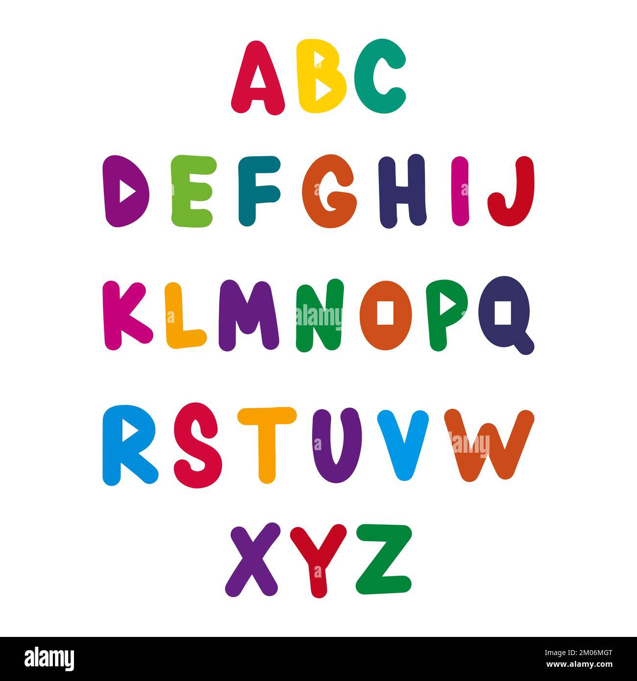 Dekorative niedliche Schriftart und Buchstabe für Kinder. Farbenfrohe Vektordarstellung. Stock Vektor