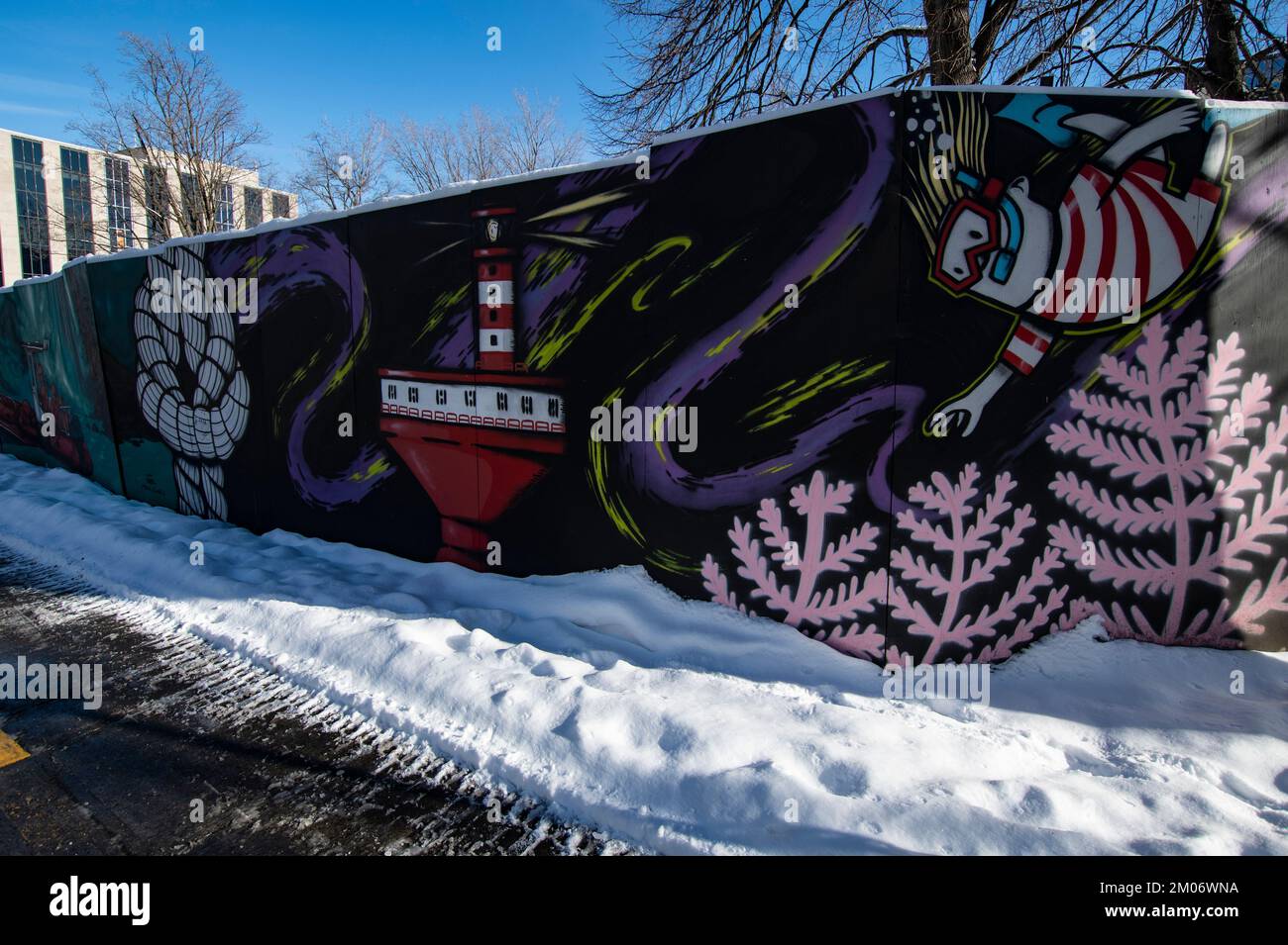 Wandgemälde des Hafens an der Wand im alten Hafen von Québec Stockfoto