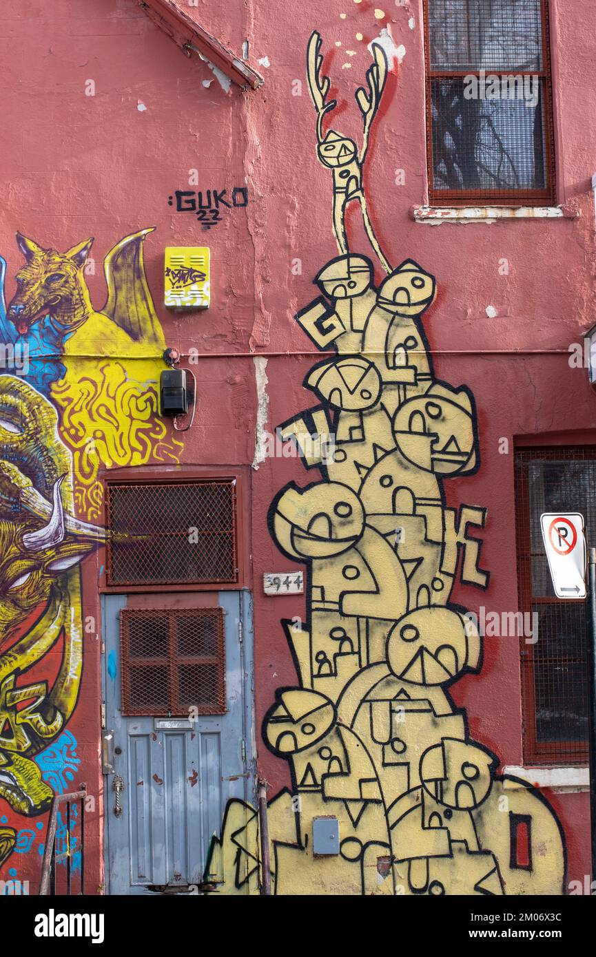 Geometrisches Wandgemälde im Stadtteil Hochelaga in Montreal, Quebec, Kanada Stockfoto