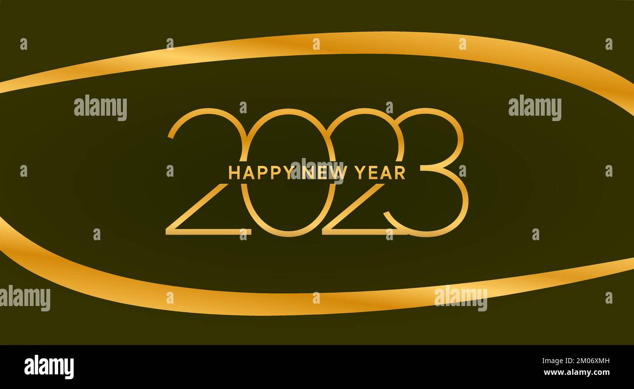 „Happy New Year 2023“ (alles gute zum neuen Jahr), „New Year 2023“-Textstile, 2023 Text in Gold, „Happy New Year“-Banner und Post-Design Stock Vektor