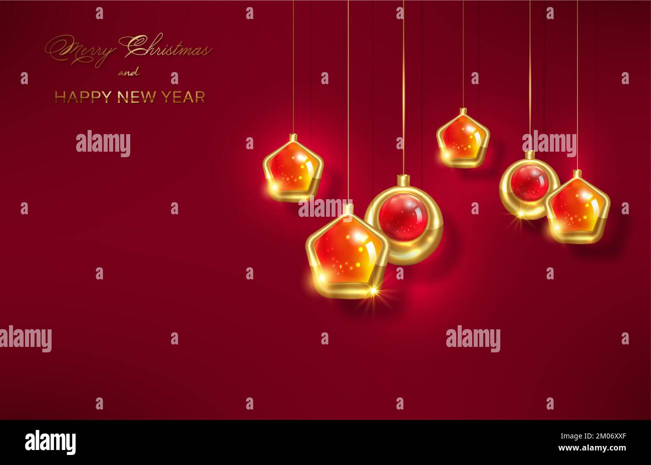 Weihnachts-Luxus-Weihnachtsbanner mit handgeschriebenen goldenen Frohe Weihnachten und Frohe Neujahrsgrüße und goldenen Weihnachtskugeln. Vektorgrafik Stock Vektor