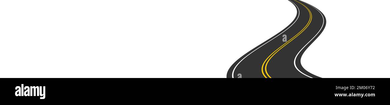 Perspektivische Ansicht einer sich weit entfernenden Straße. Leere kurvenreiche Autobahn, die sich in die Ferne zieht. Reisen, Reise, Reise, Vorwärtsfahrt, Zukunftskonzept. Flache Vektordarstellung Stock Vektor