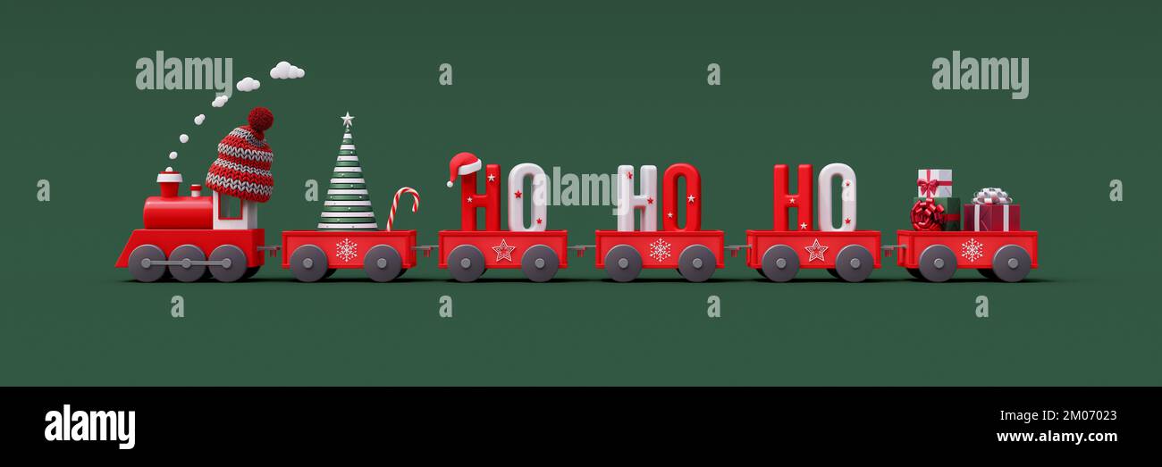 Roter Zug und Wagen gefüllt mit Ho Ho Ho Santa Claus Zitat auf grünem Hintergrund. Creative Merry Christmas und Happy New Year Concept 3D Rendering Stockfoto