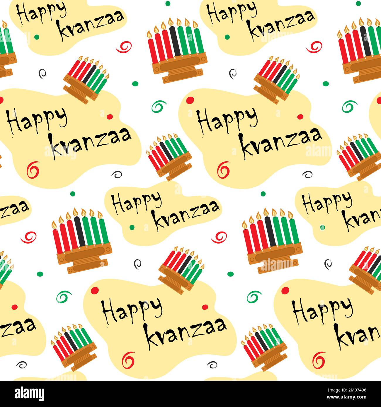 Nahtloses Kwanzaa-Muster. Abstrakte Hintergrundtextur mit Kerzenhalter und Happy Kwanzaa-Inschrift. Isolieren. Design für Beschriftung, Umhüllung, Verpackung oder Bahn. Gut für Poster, Banner, Broschüren. EPS Stock Vektor