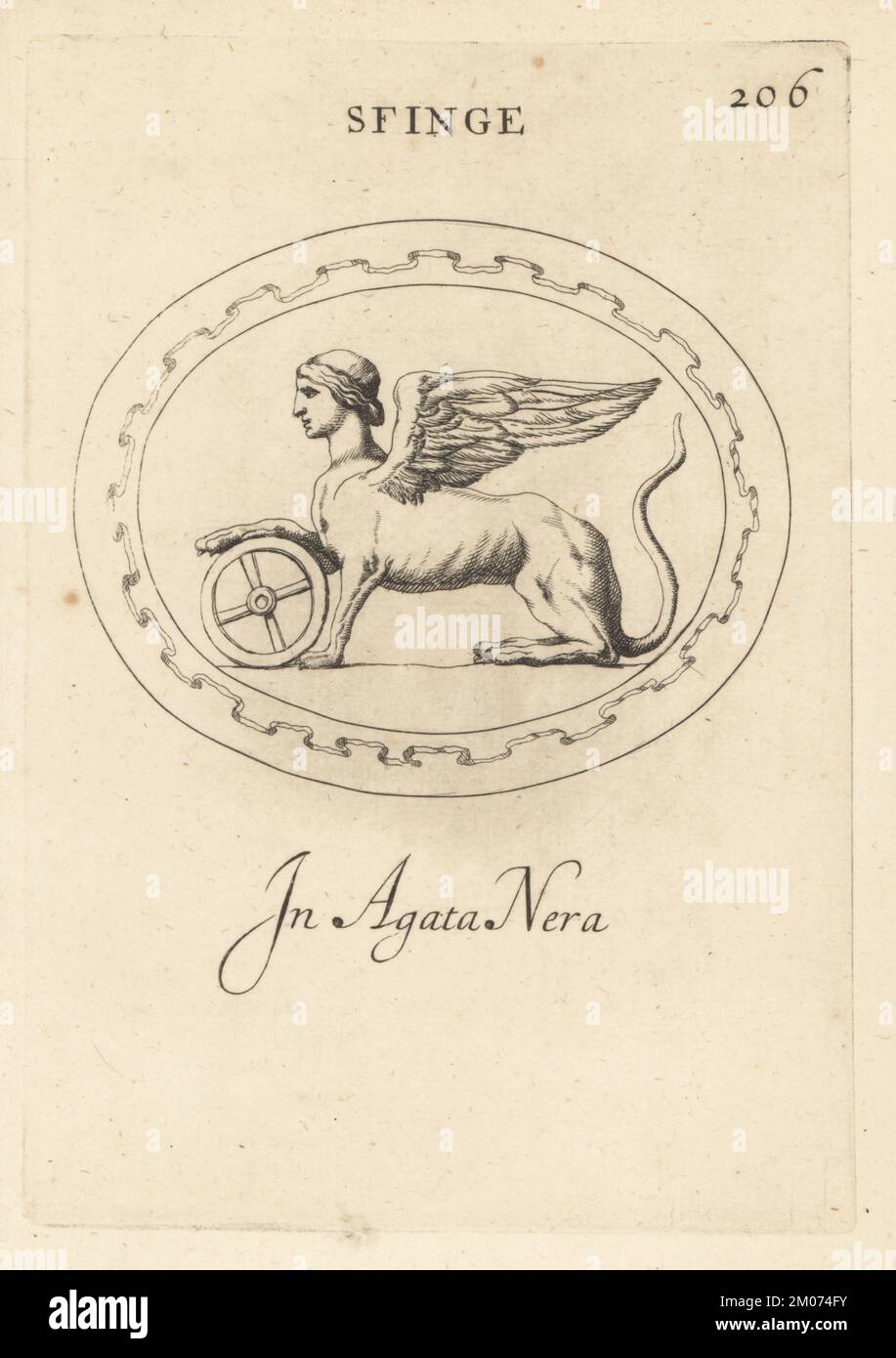 Sphinx mit einer Pfote auf einem Sonnenrad. Ägyptische Chimäre mit dem Gesicht einer Jungfrau auf einem geflügelten Löwen. In schwarzem Achat. Sfinge in agata Nera. Kupferplatten-Gravur von Giovanni Battista Galestruzzi nach Leonardo Agostini aus Gemmae et Sculpturae Antiquae Depicti ab Leonardo Augustino Senesi, Abraham Blooteling, Amsterdam, 1685. Stockfoto